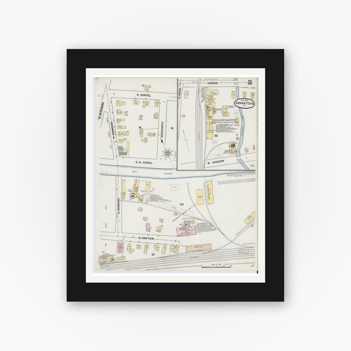 Old map wall art mockup — black gallery frame with white mat — Sanborn Fire Insurance Map from Canastota, Madison County, New York (1890), Sheet #0003