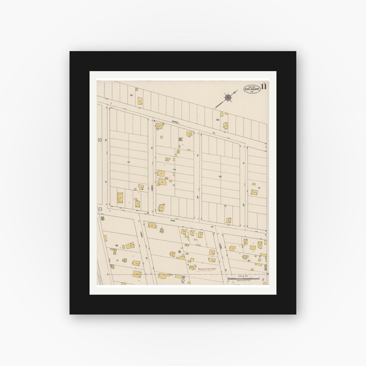 Old map wall art mockup — black gallery frame with white mat — Sanborn Fire Insurance Map from Burlingame, San Mateo County, California (1921), Sheet #0011