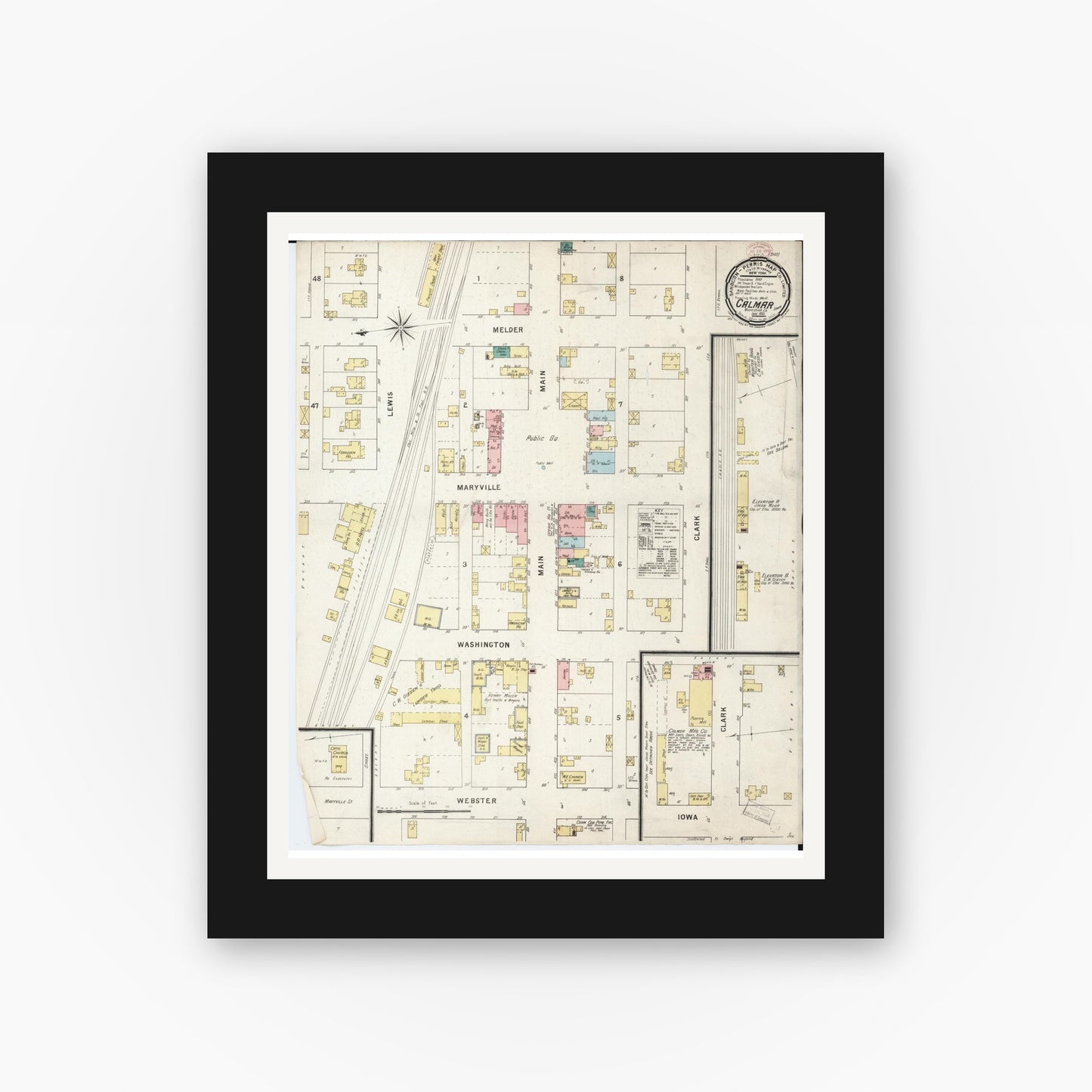 Old map wall art mockup β black gallery frame with white mat β Sanborn Fire Insurance Map from Calmar, Winneshiek County, Iowa (1895), Sheet #0001