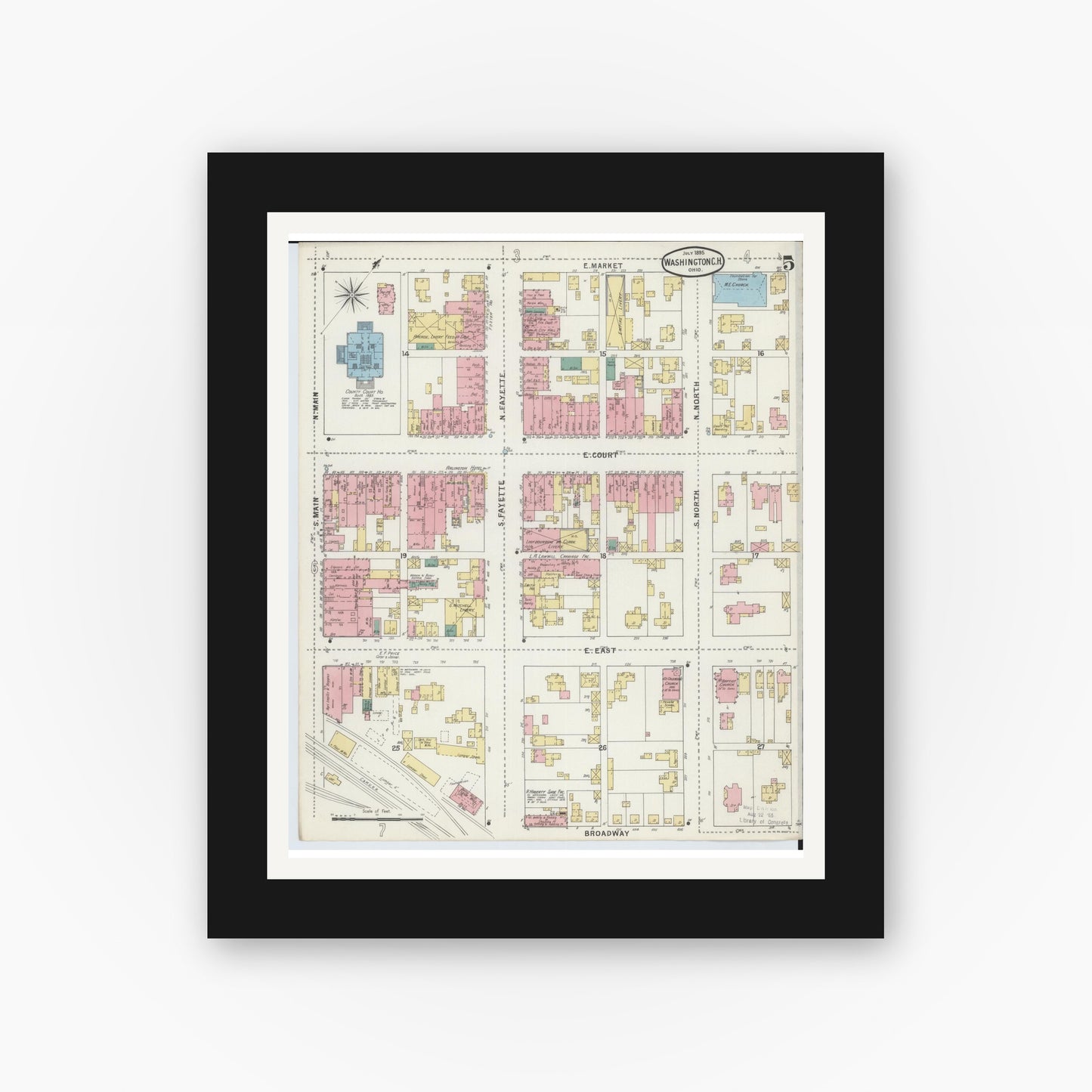 Old map wall art mockup — black gallery frame with white mat — Sanborn Fire Insurance Map from Washington Court House, Fayette County, Ohio (1895), Sheet #0005