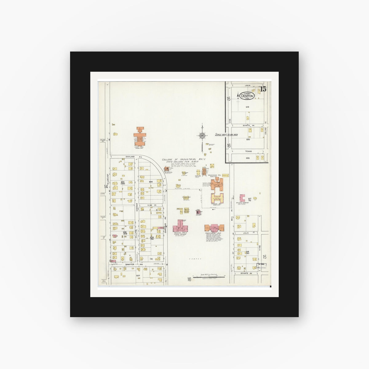 Old map wall art mockup — black gallery frame with white mat — Sanborn Fire Insurance Map from Denton, Denton County, Texas (1917), Sheet #0015