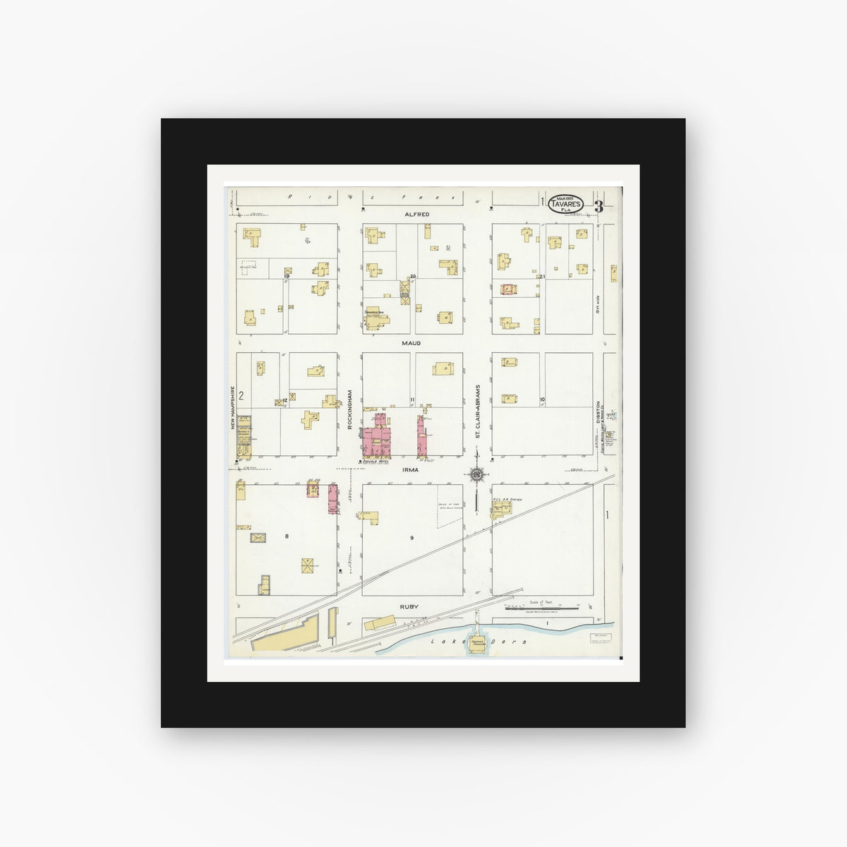 Old map wall art mockup — black gallery frame with white mat — Sanborn Fire Insurance Map from Tavares, Lake County, Florida (1920), Sheet #0003