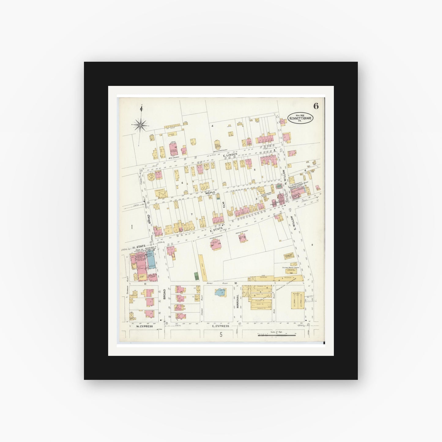 Old map wall art mockup — black gallery frame with white mat — Sanborn Fire Insurance Map from Kennett Square, Chester County, Pennsylvania (1908), Sheet #0006