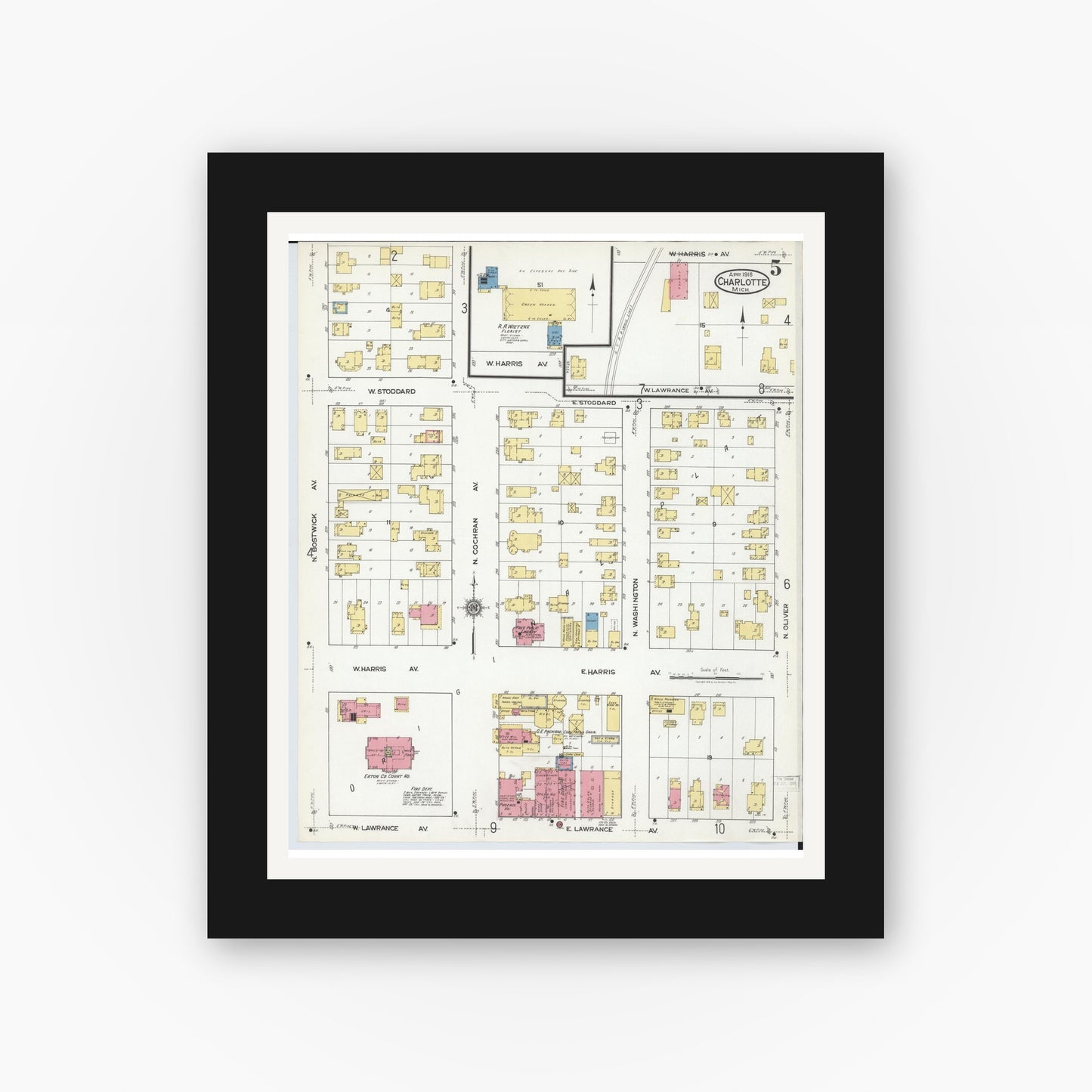 Old map wall art mockup — black gallery frame with white mat — Sanborn Fire Insurance Map from Charlotte, Eaton County, Michigan (1918), Sheet #0005
