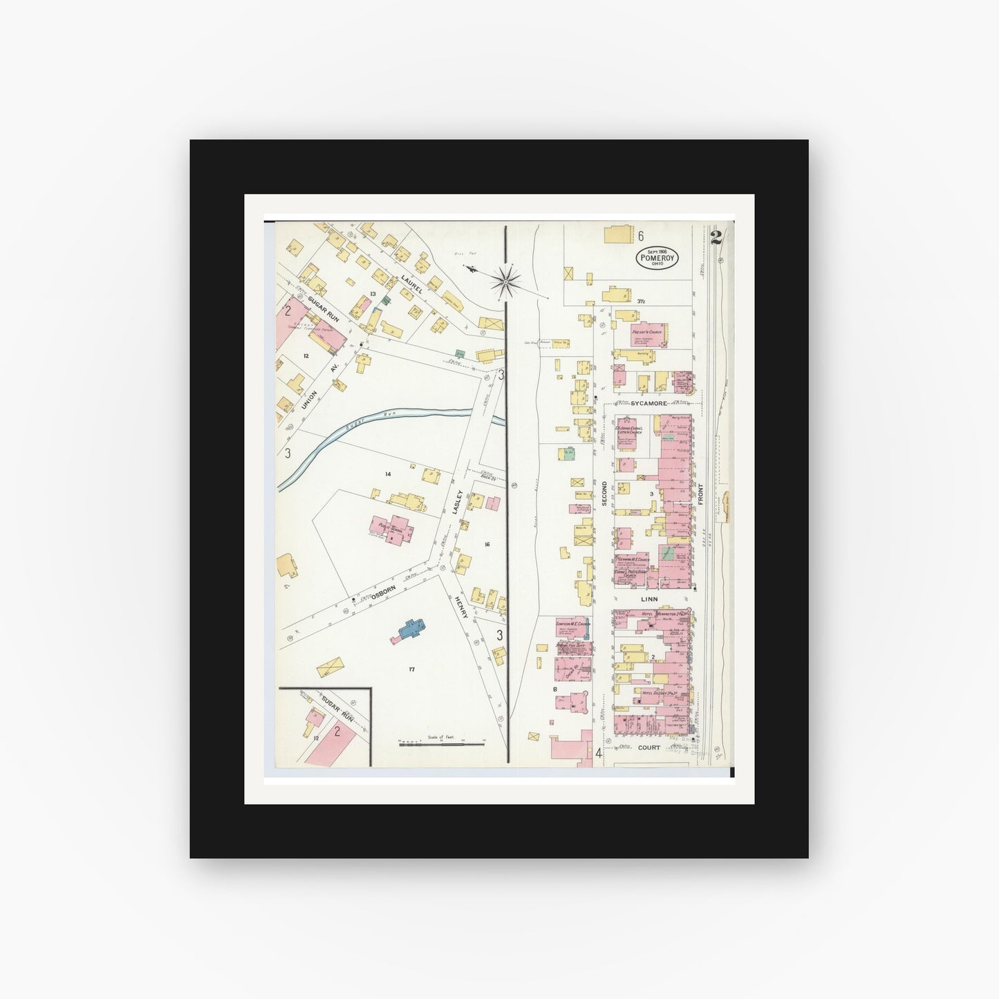 Old map wall art mockup — black gallery frame with white mat — Sanborn Fire Insurance Map from Pomeroy, Meigs County, Ohio (1908), Sheet #0002