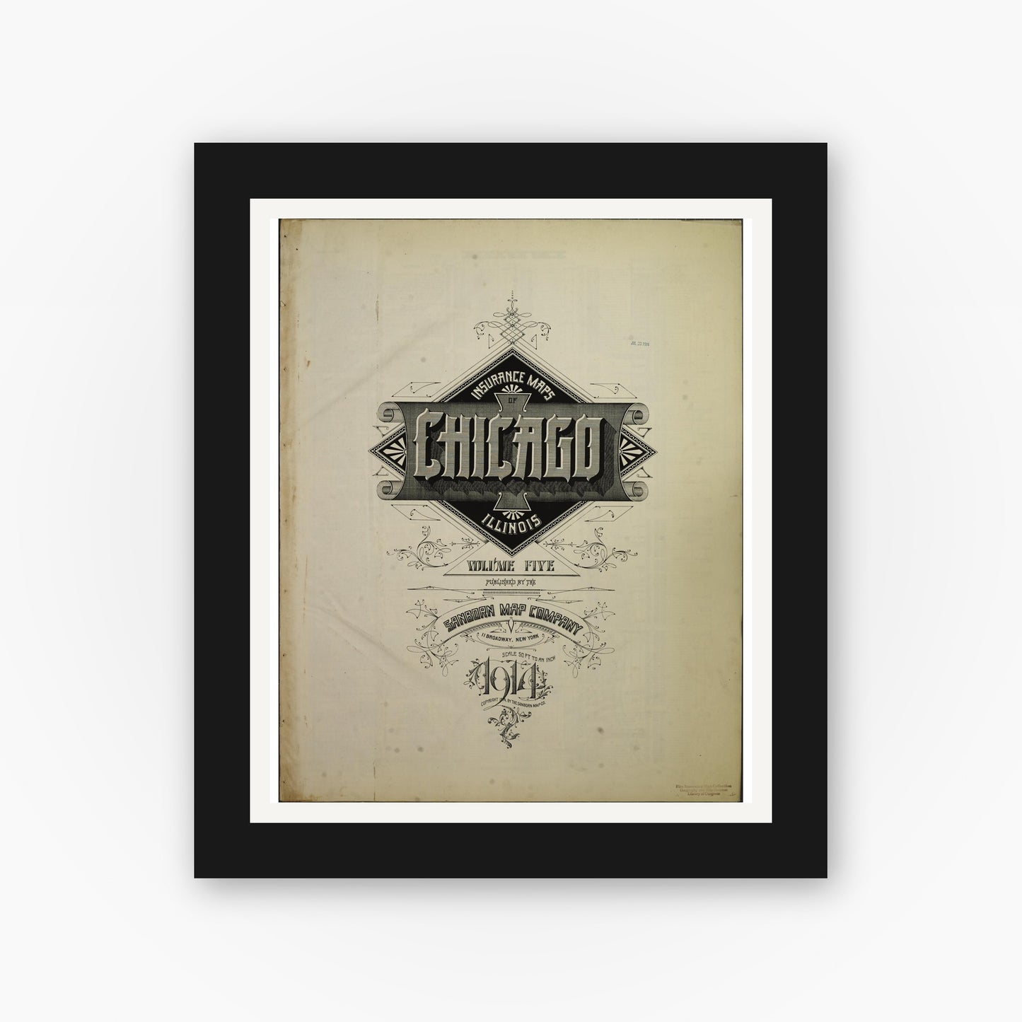 Old map wall art mockup — black gallery frame with white mat — Sanborn Fire Insurance Map from Chicago, Cook County, Illinois (1914), Sheet #0001