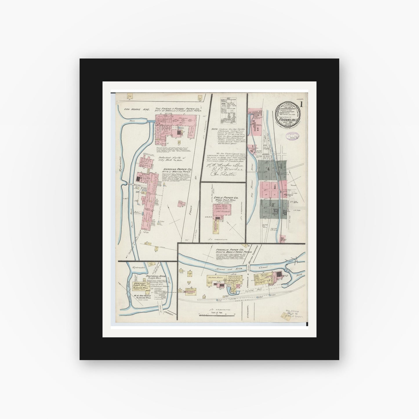 Old map wall art mockup — black gallery frame with white mat — Sanborn Fire Insurance Map from Franklin, Warren County, Ohio (1885) - Complete Map Set