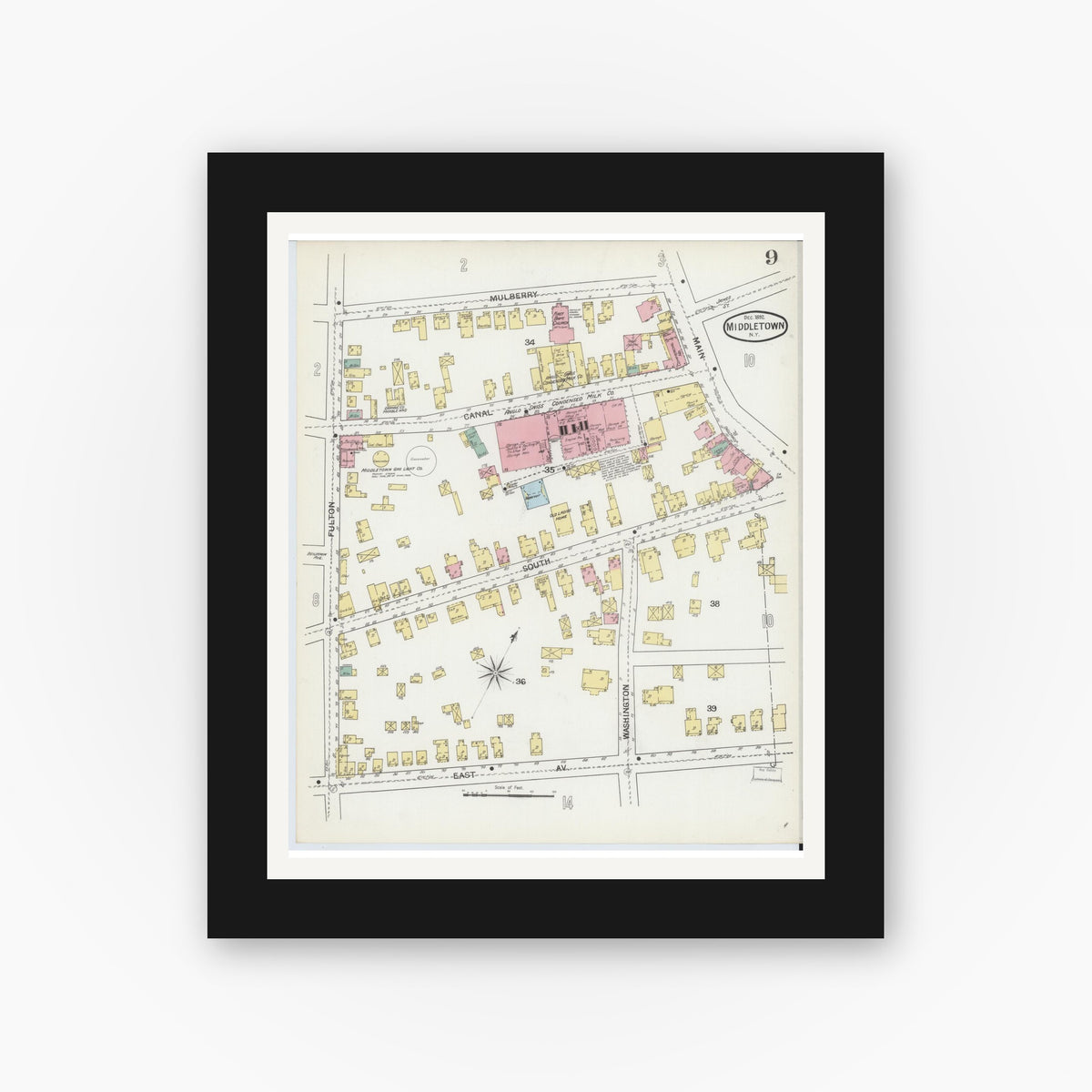 Old map wall art mockup — black gallery frame with white mat — Sanborn Fire Insurance Map from Middletown, Orange County, New York (1892), Sheet #0009