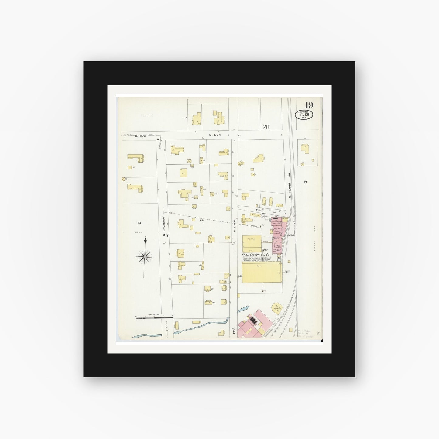 Old map wall art mockup — black gallery frame with white mat — Sanborn Fire Insurance Map from Tyler, Smith County, Texas (1907), Sheet #0019