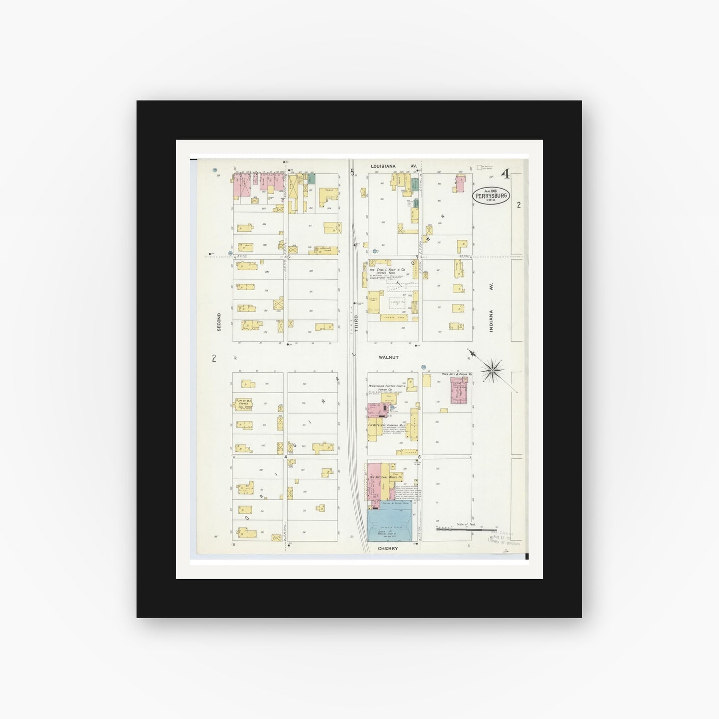 Old map wall art mockup — black gallery frame with white mat — Sanborn Fire Insurance Map from Perrysburg, Wood County, Ohio (1908), Sheet #0004