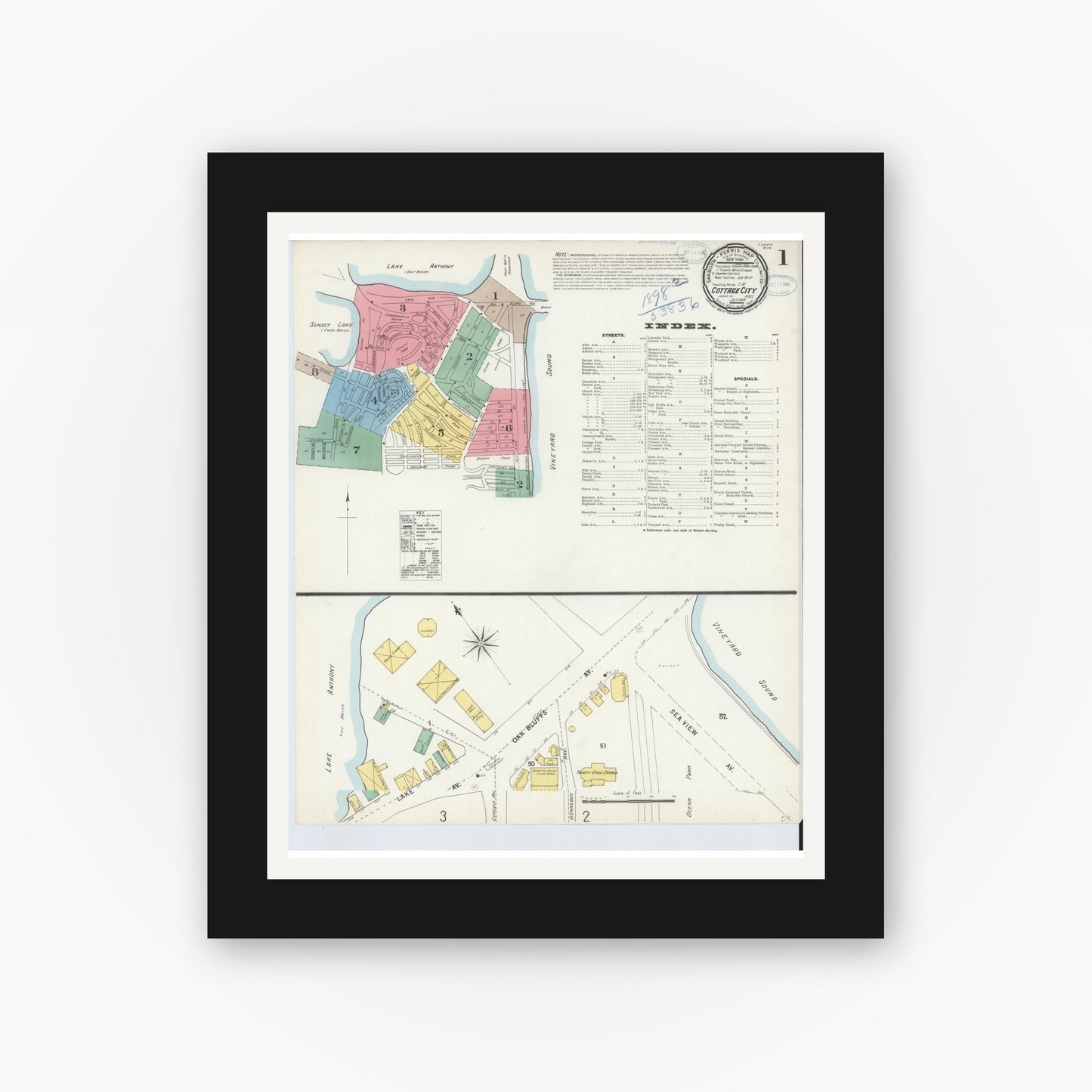 Old map wall art mockup — black gallery frame with white mat — Sanborn Fire Insurance Map from Cottage City, Dukes County, Massachusetts (1898) - Complete Map Set