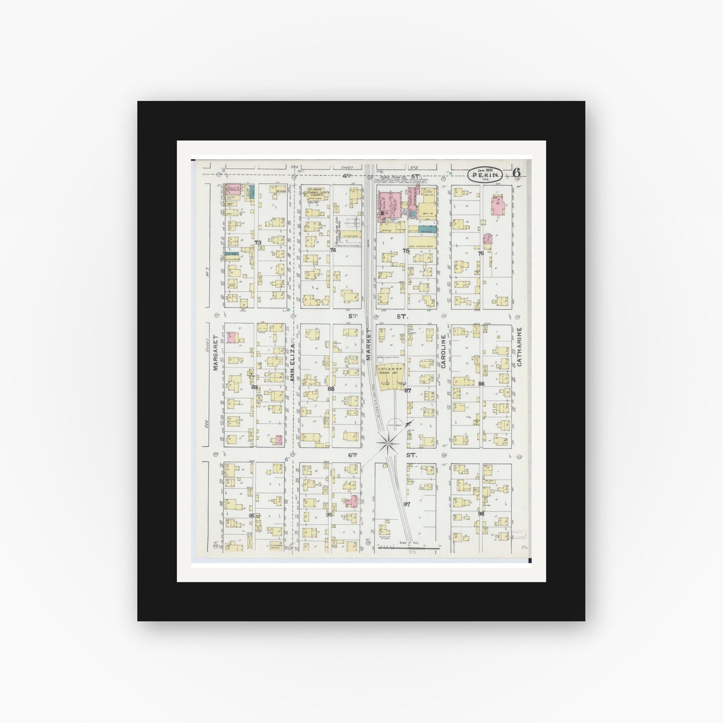 Old map wall art mockup — black gallery frame with white mat — Sanborn Fire Insurance Map from Pekin, Tazewell County, Illinois (1892), Sheet #0006