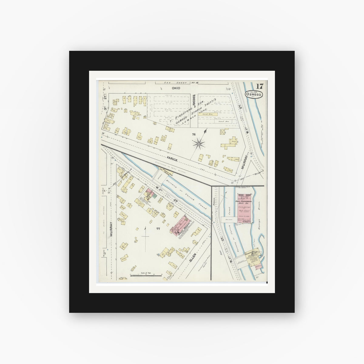 Old map wall art mockup — black gallery frame with white mat — Sanborn Fire Insurance Map from Oswego, Oswego County, New York (1890), Sheet #0017