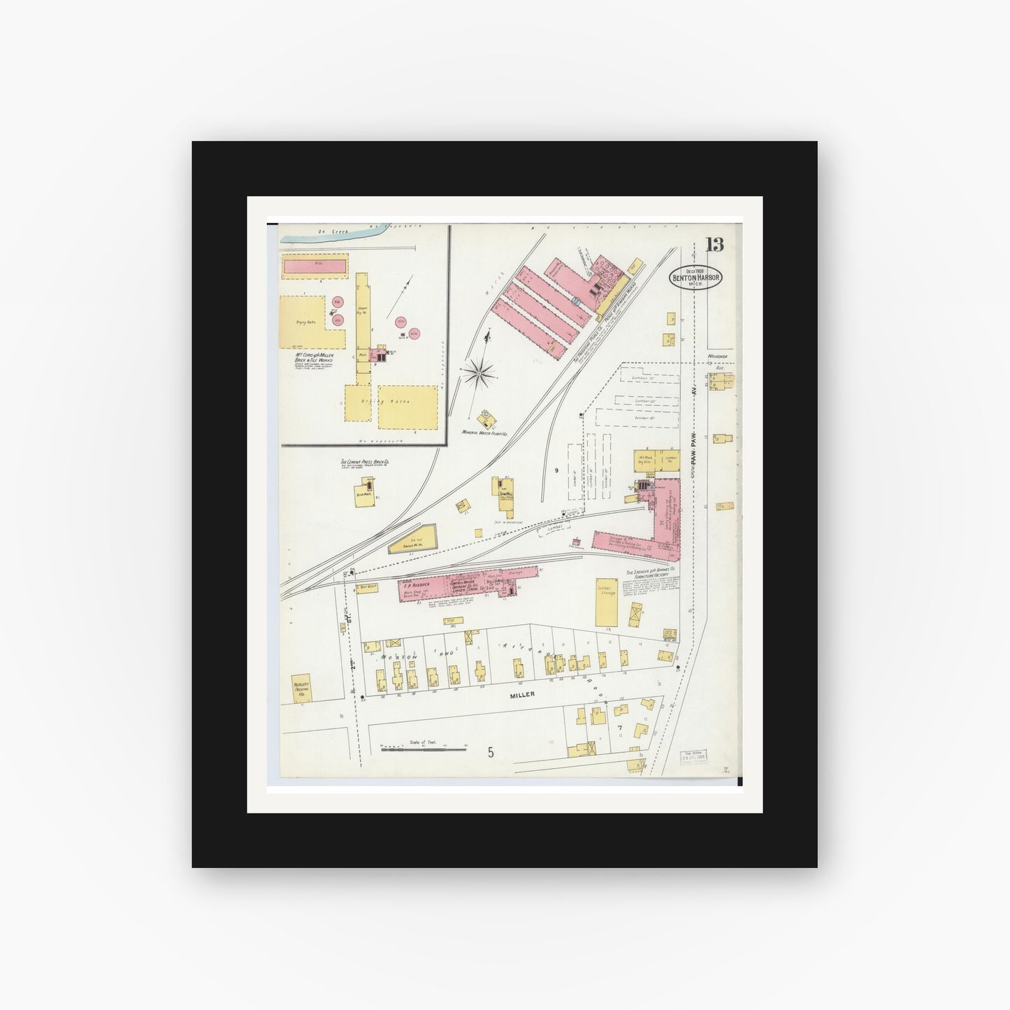 Old map wall art mockup — black gallery frame with white mat — Sanborn Fire Insurance Map from Benton Harbor, Berrien County, Michigan (1905), Sheet #0013