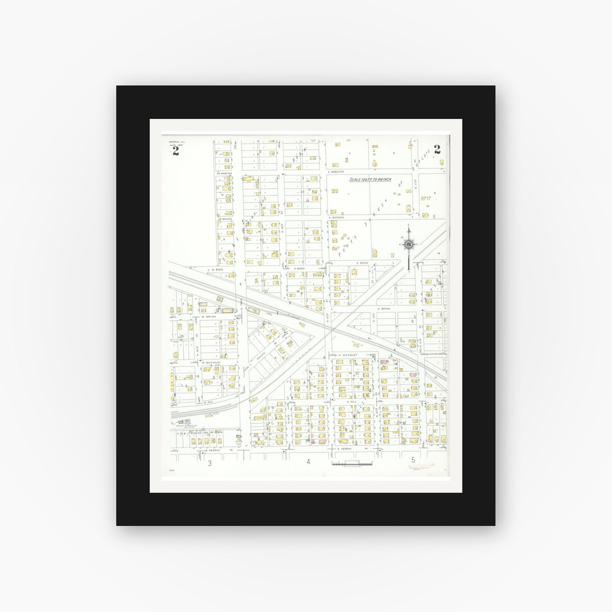 Old map wall art mockup — black gallery frame with white mat — Sanborn Fire Insurance Map from Herrin, Williamson County, Illinois (1941), Sheet #0002