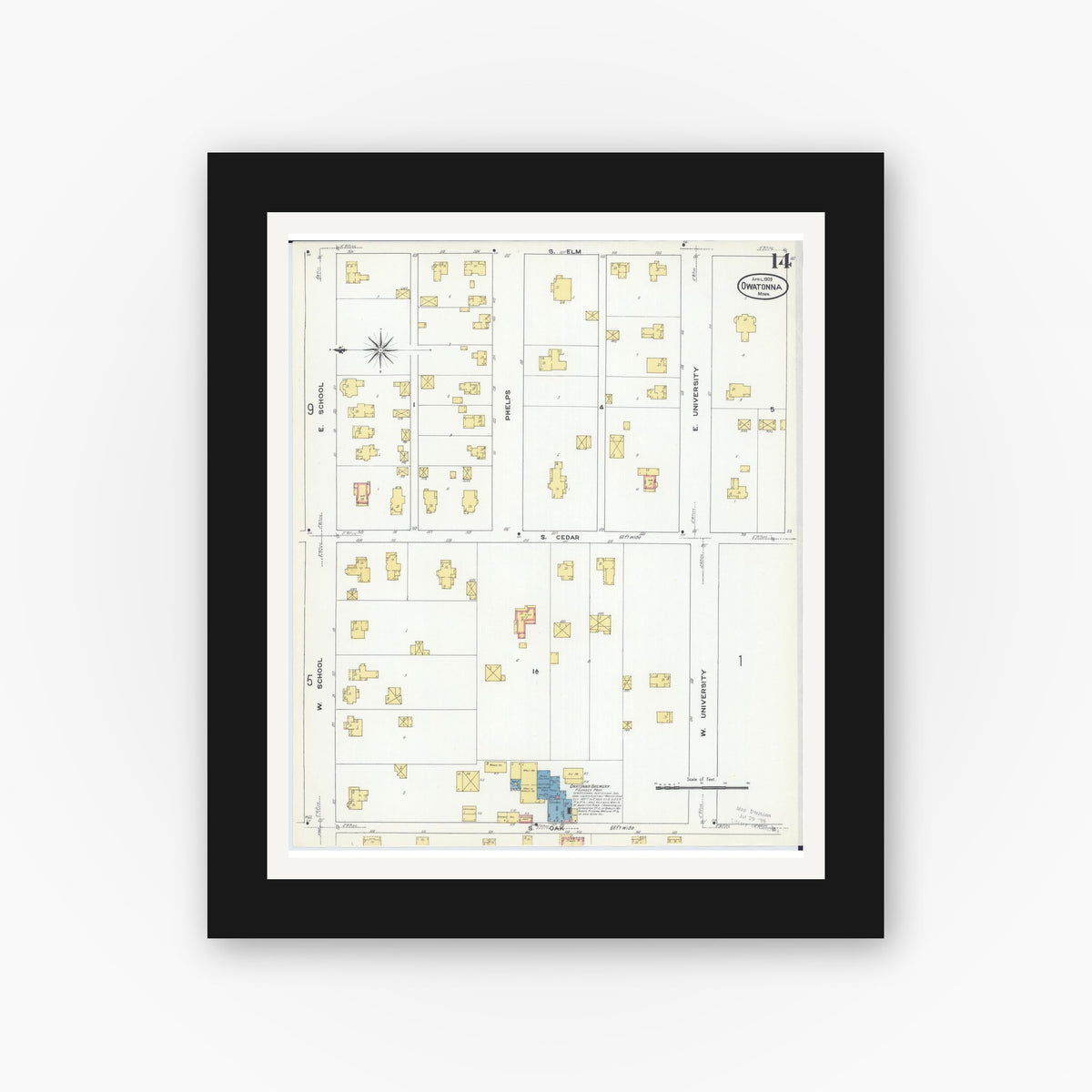 Old map wall art mockup — black gallery frame with white mat — Sanborn Fire Insurance Map from Owatonna, Steele County, Minnesota (1909), Sheet #0014