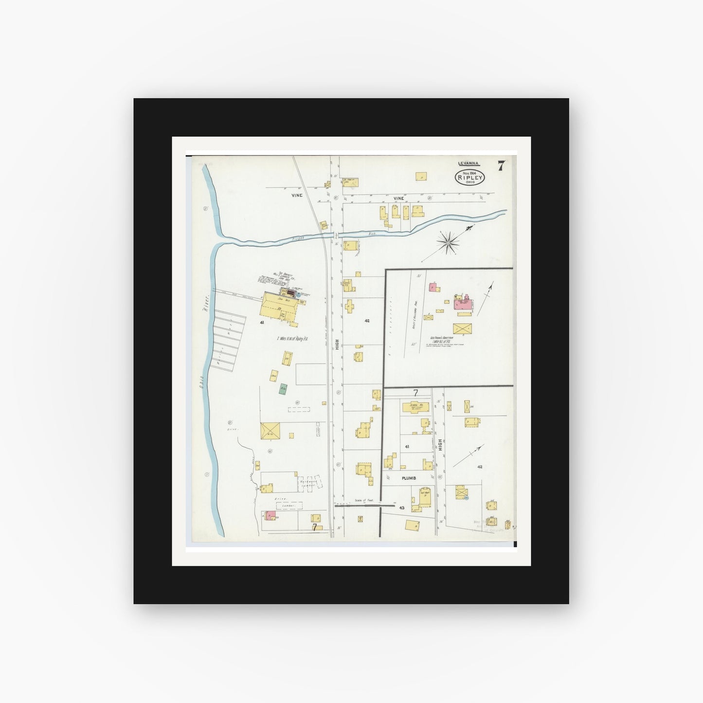 Old map wall art mockup — black gallery frame with white mat — Sanborn Fire Insurance Map from Ripley, Brown County, Ohio (1904), Sheet #0007