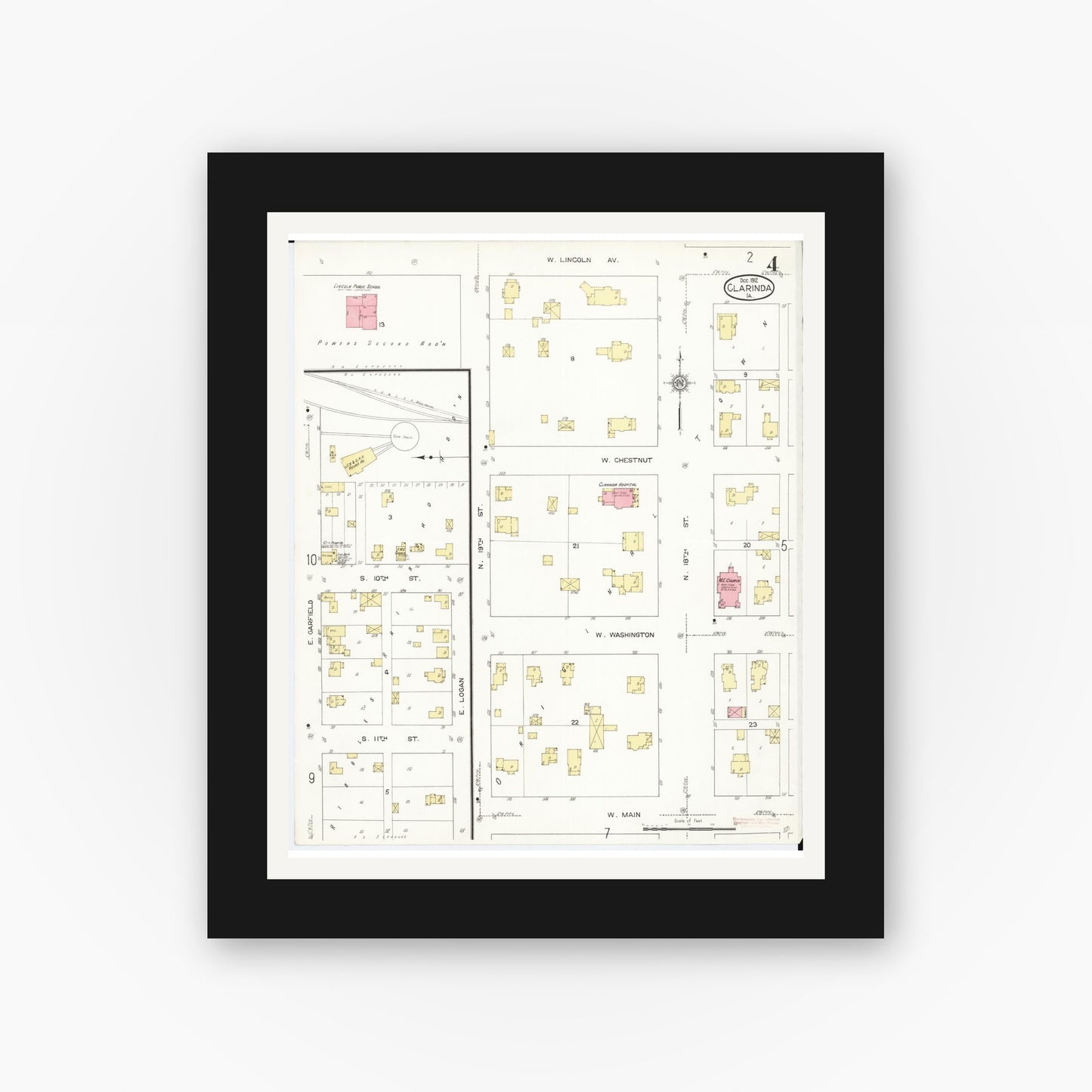 Old map wall art mockup — black gallery frame with white mat — Sanborn Fire Insurance Map from Clarinda, Page County, Iowa (1912), Sheet #0004
