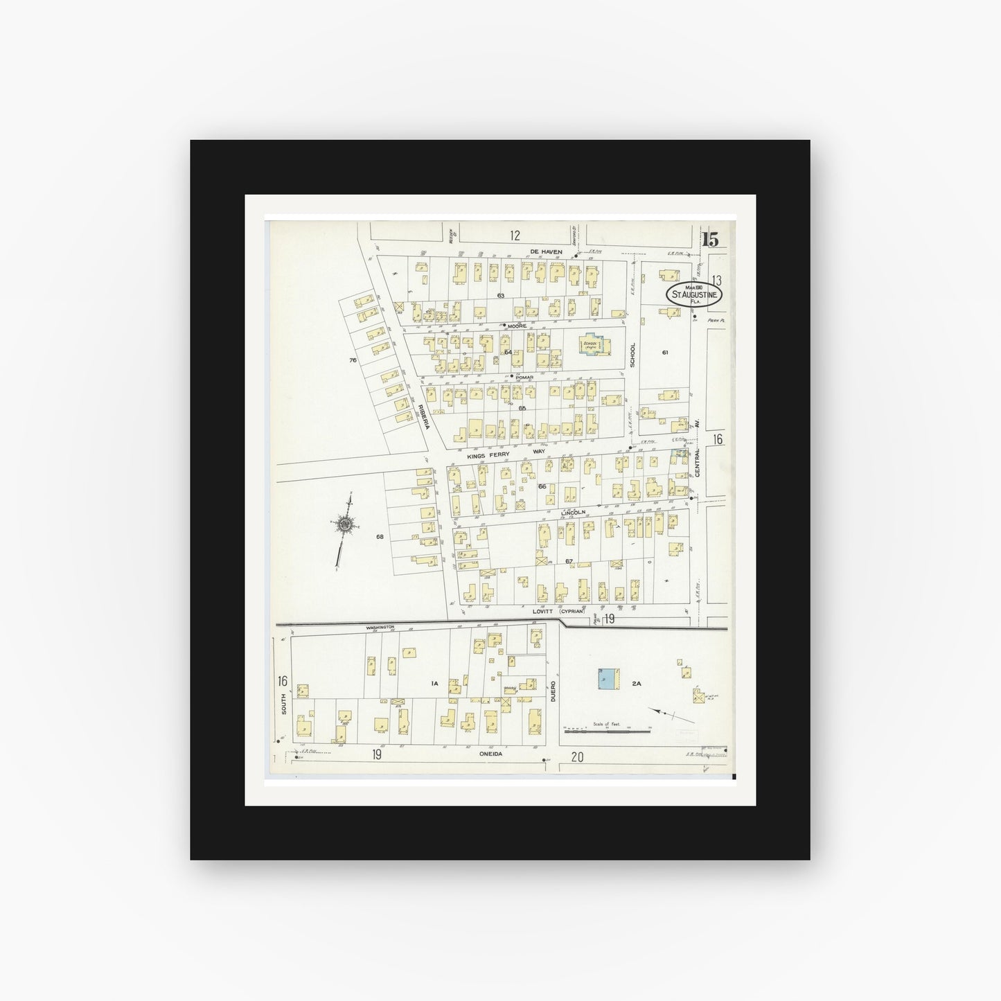 Old map wall art mockup — black gallery frame with white mat — Sanborn Fire Insurance Map from Saint Augustine, Saint John's County, Florida (1910), Sheet #0015
