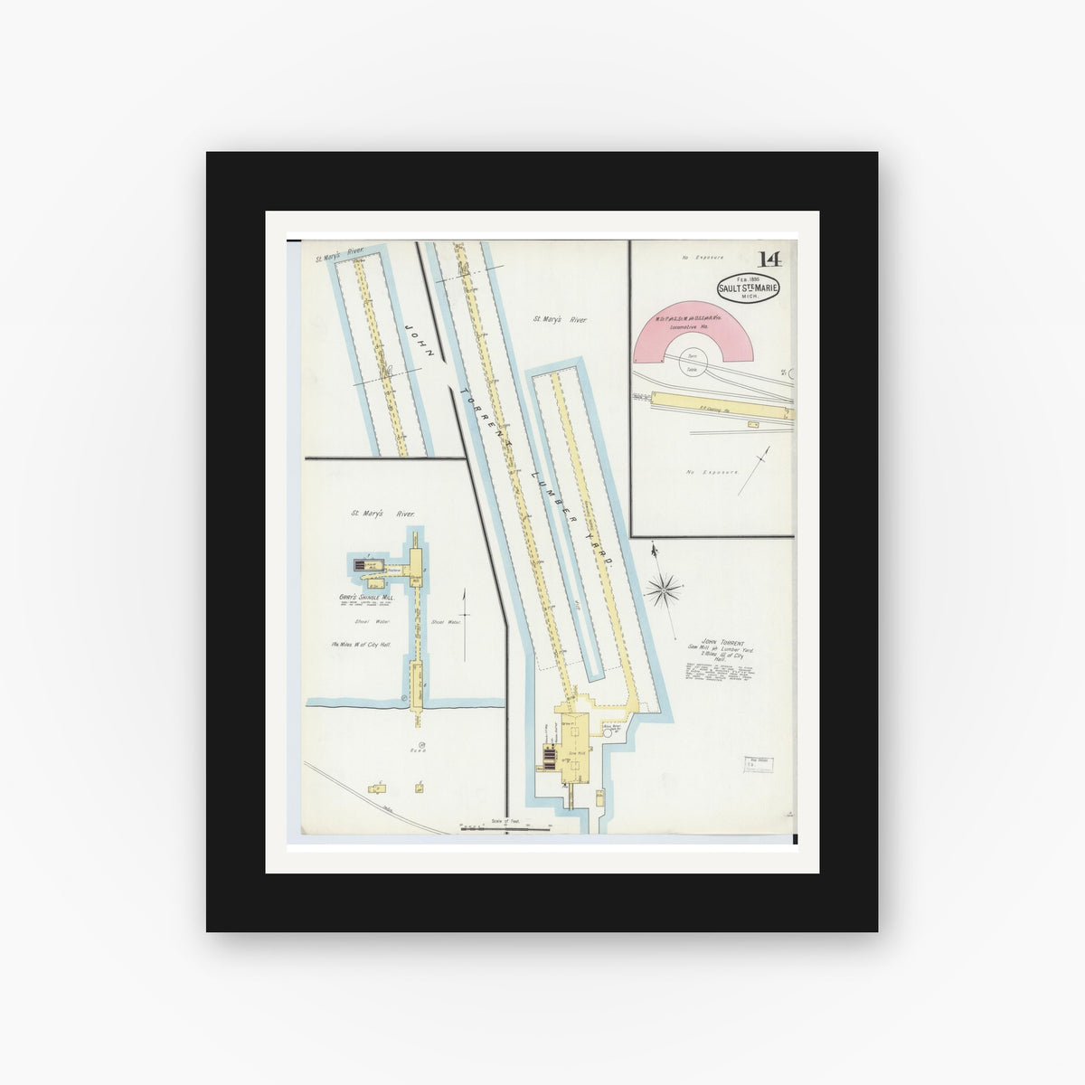 Old map wall art mockup — black gallery frame with white mat — Sanborn Fire Insurance Map from Sault Sainte Marie, Chippewa County, Michigan (1895), Sheet #0014