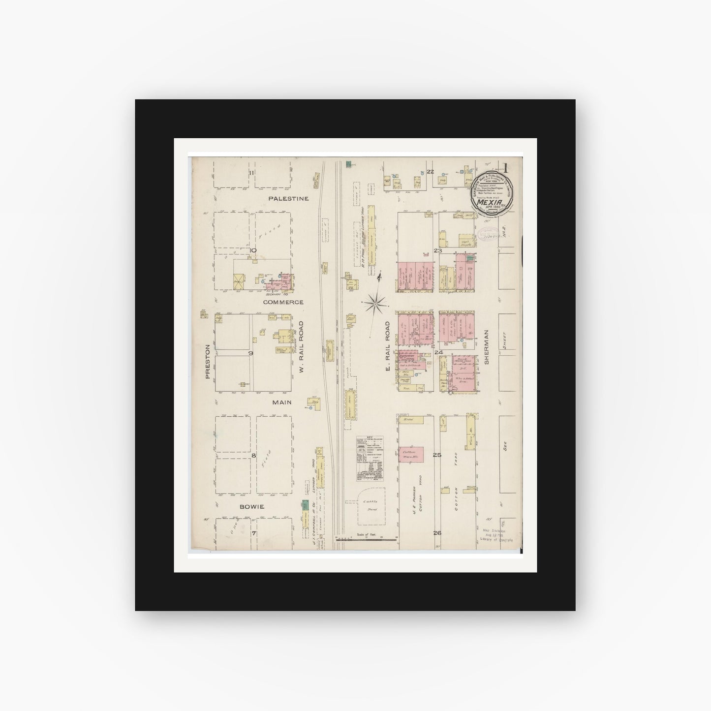 Old map wall art mockup — black gallery frame with white mat — Sanborn Fire Insurance Map from Mexia, Limestone County, Texas (1885) - Complete Map Set