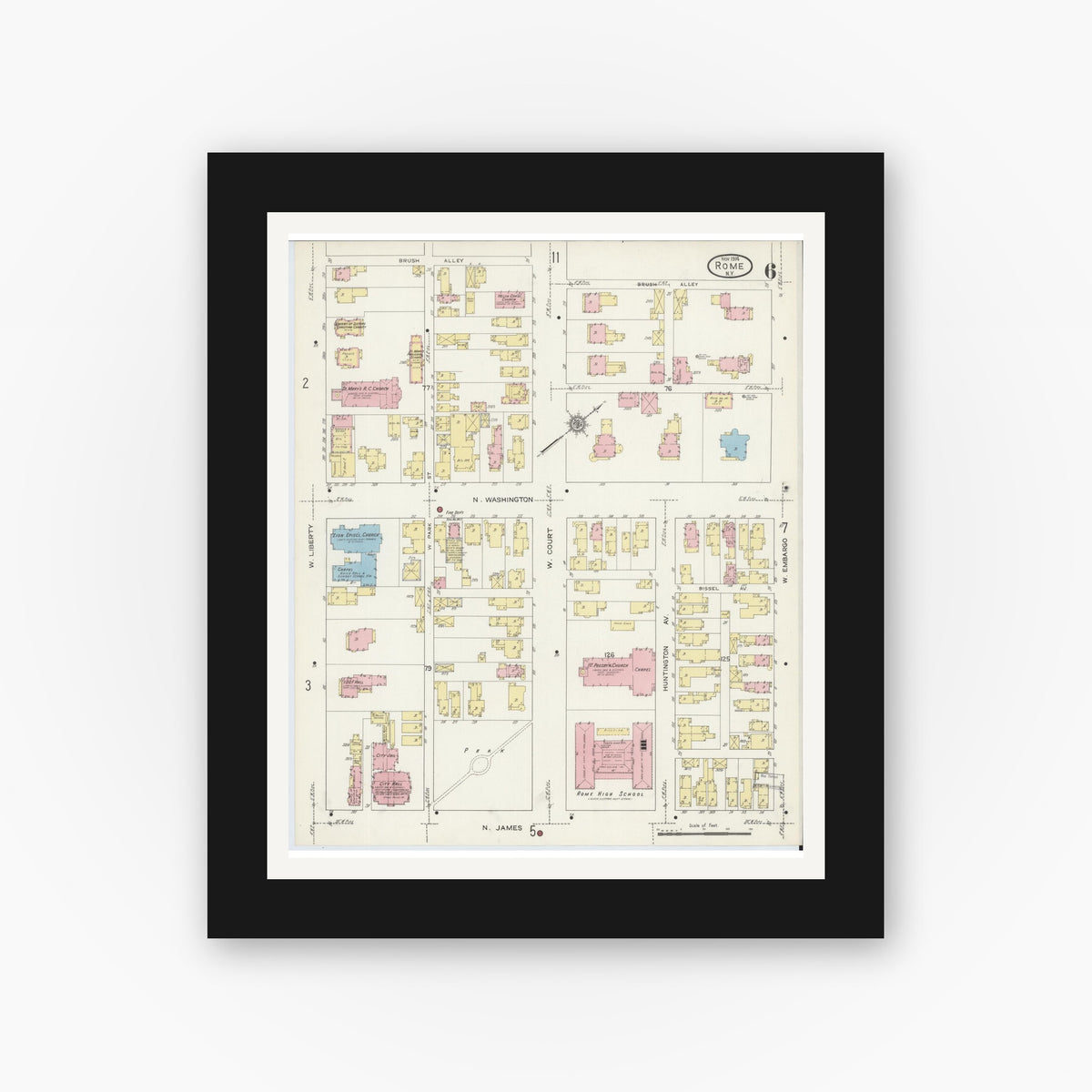 Old map wall art mockup — black gallery frame with white mat — Sanborn Fire Insurance Map from Rome, Oneida County, New York (1914), Sheet #0006