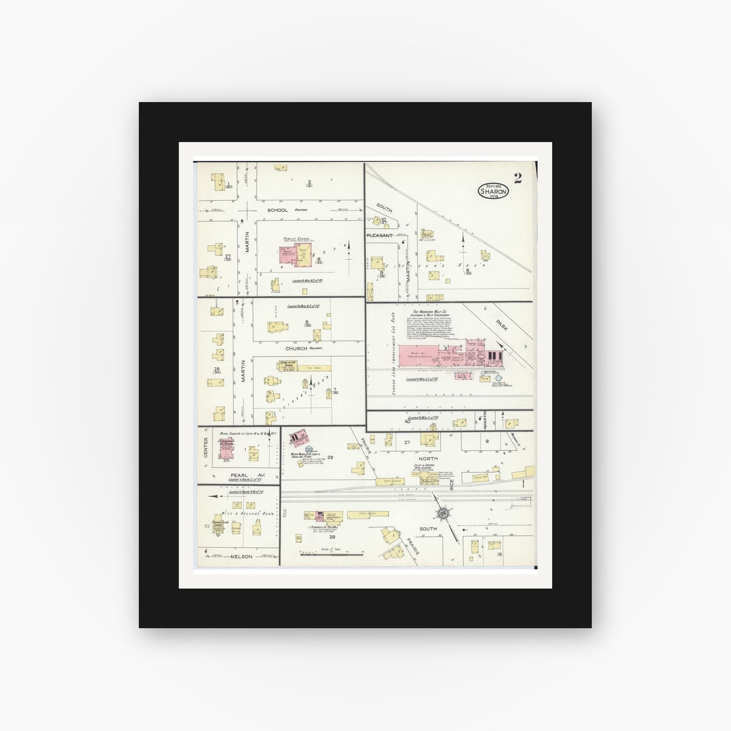 Old map wall art mockup — black gallery frame with white mat — Sanborn Fire Insurance Map from Sharon, Walworth County, Wisconsin (1914), Sheet #0002