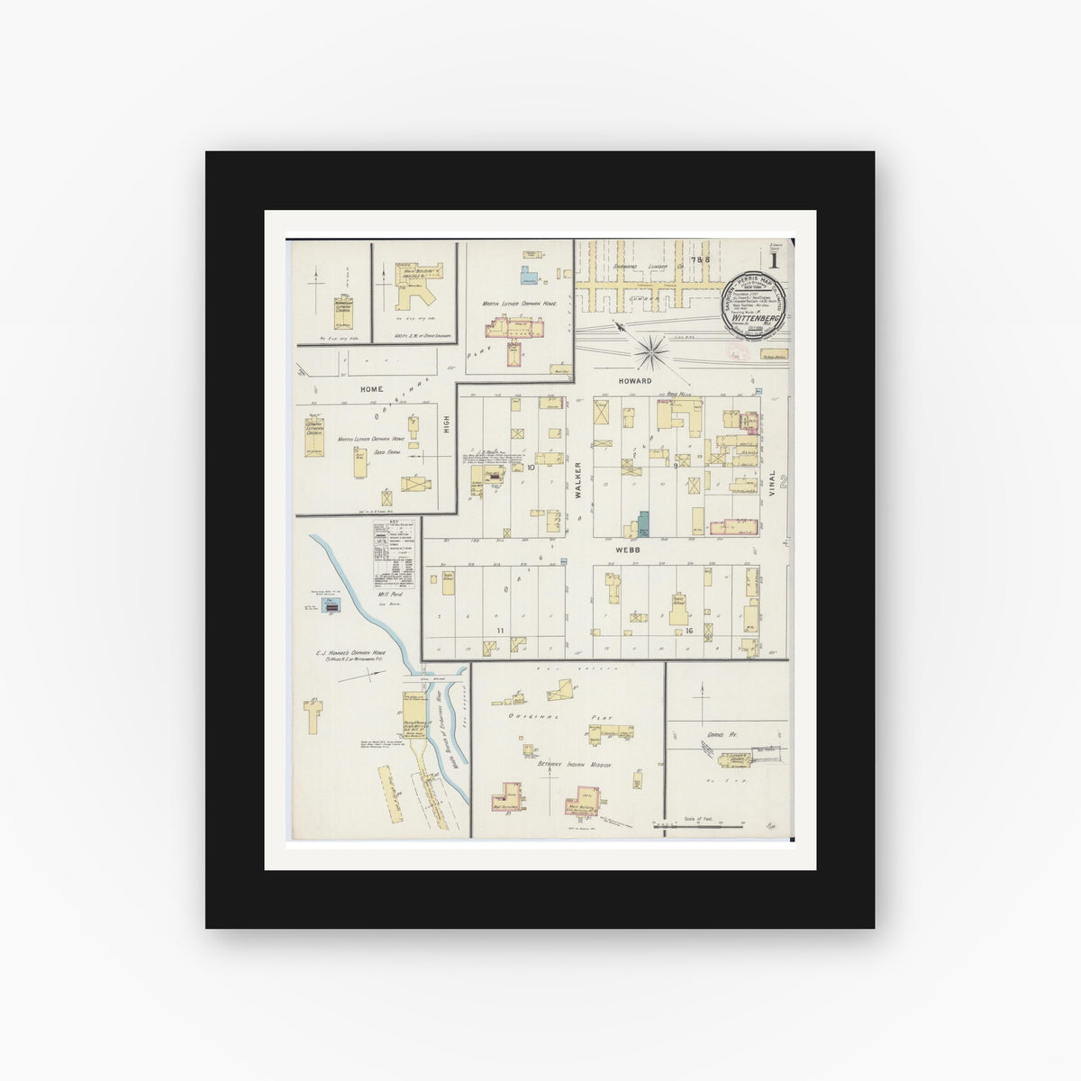 Old map wall art mockup — black gallery frame with white mat — Sanborn Fire Insurance Map from Wittenberg, Shawano County, Wisconsin (1894) - Complete Map Set