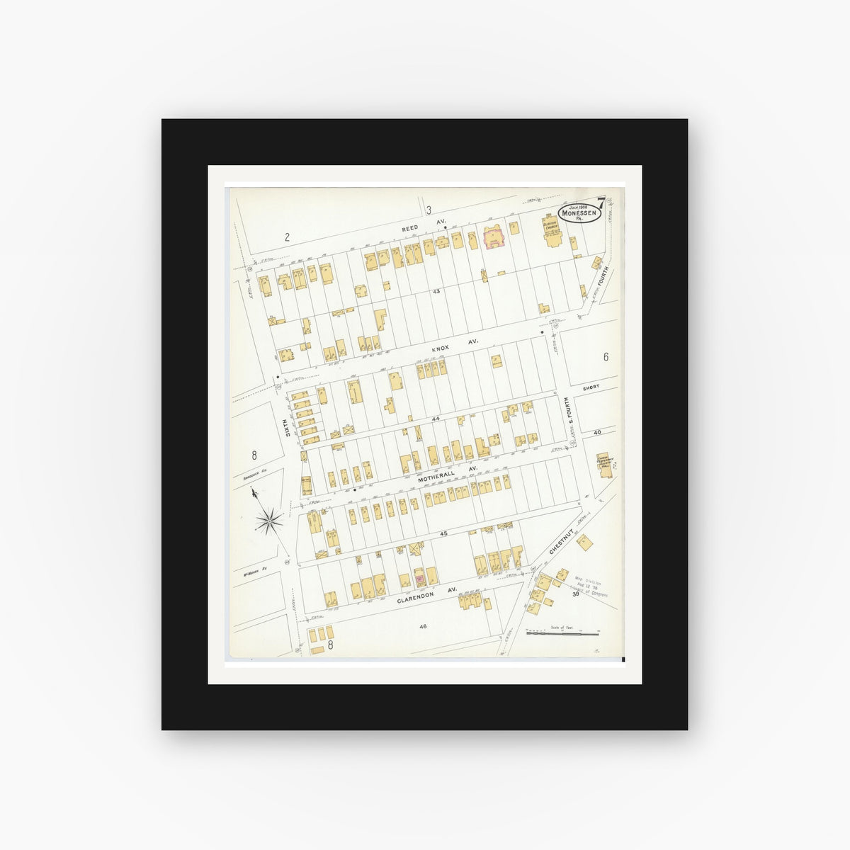 Old map wall art mockup — black gallery frame with white mat — Sanborn Fire Insurance Map from Monessen, Westmoreland County, Pennsylvania (1908), Sheet #0007