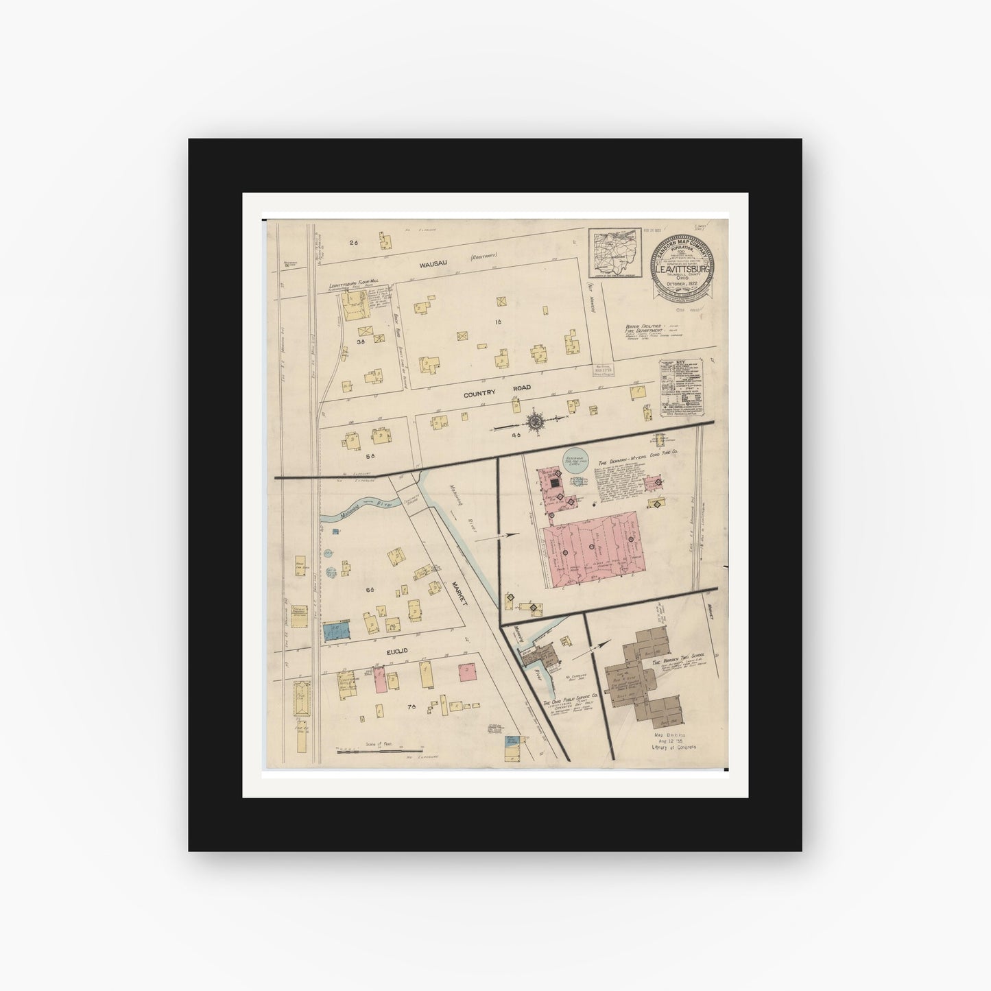 Old map wall art mockup — black gallery frame with white mat — Sanborn Fire Insurance Map from Leavittsburg, Trumbull County, Ohio (1922), Sheet #0001