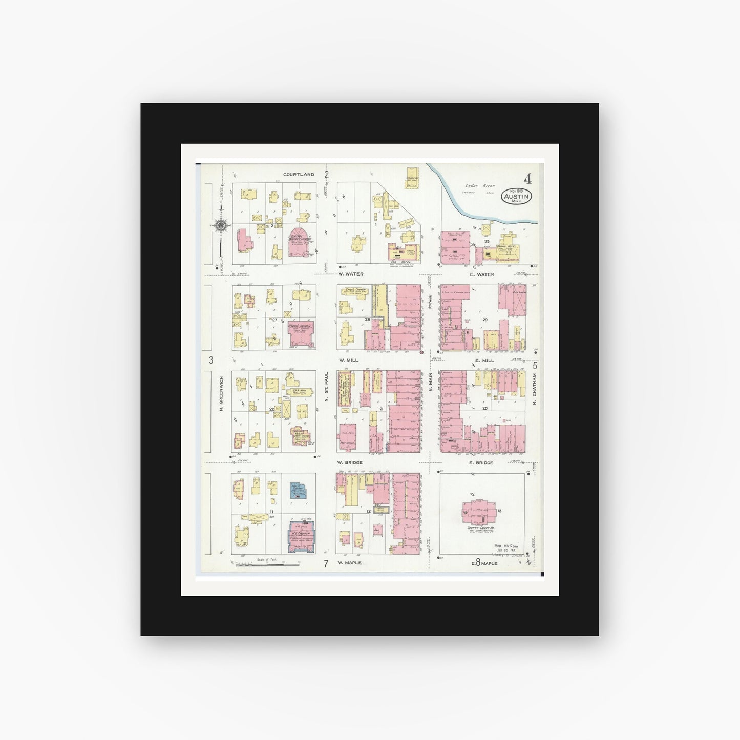 Old map wall art mockup — black gallery frame with white mat — Sanborn Fire Insurance Map from Austin, Mower County, Minnesota (1910), Sheet #0004
