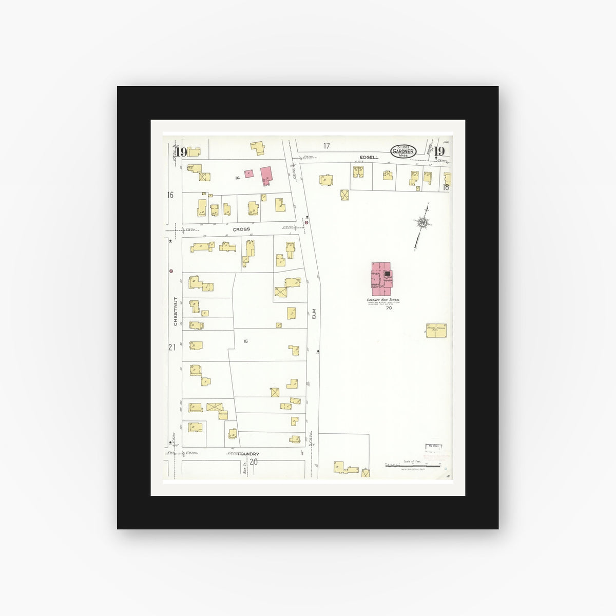 Old map wall art mockup — black gallery frame with white mat — Sanborn Fire Insurance Map from Gardner, Worcester County, Massachusetts (1923), Sheet #0019