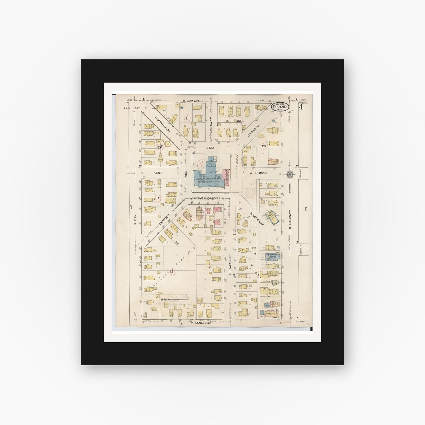 Old map wall art mockup — black gallery frame with white mat — Sanborn Fire Insurance Map from Durand, Shiawassee County, Michigan (1944), Sheet #0004