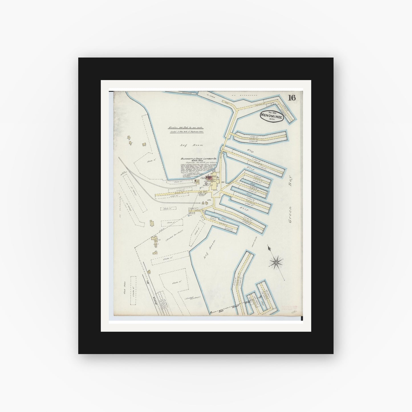 Old map wall art mockup — black gallery frame with white mat — Sanborn Fire Insurance Map from Menominee, Menominee County, Michigan (1890), Sheet #0016