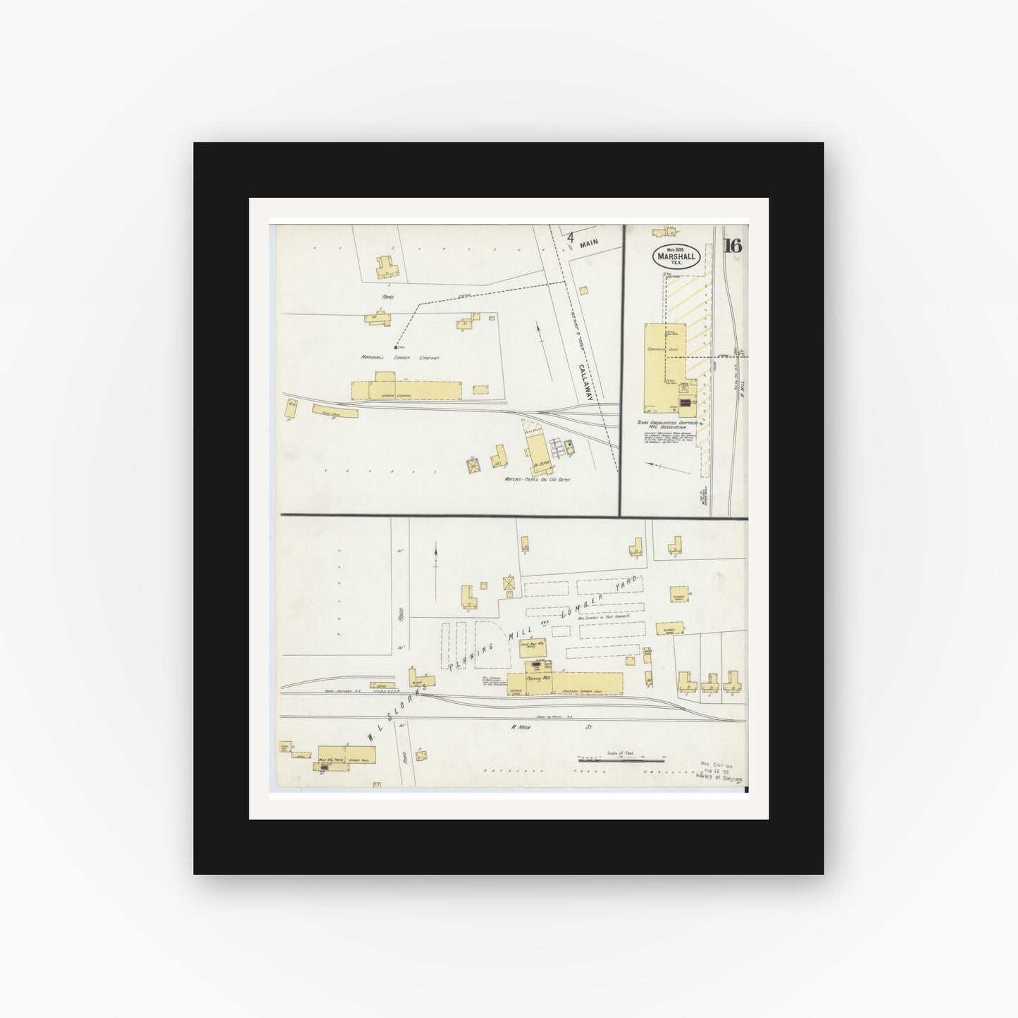 Old map wall art mockup — black gallery frame with white mat — Sanborn Fire Insurance Map from Marshall, Harrison County, Texas (1899), Sheet #0016
