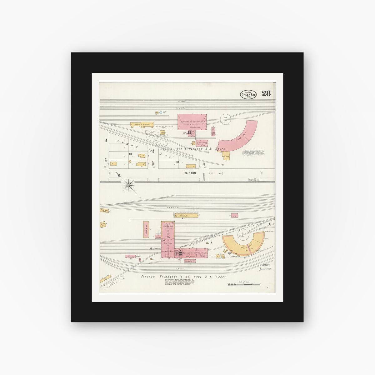 Old map wall art mockup — black gallery frame with white mat — Sanborn Fire Insurance Map from Green Bay, Brown County, Wisconsin (1900), Sheet #0028