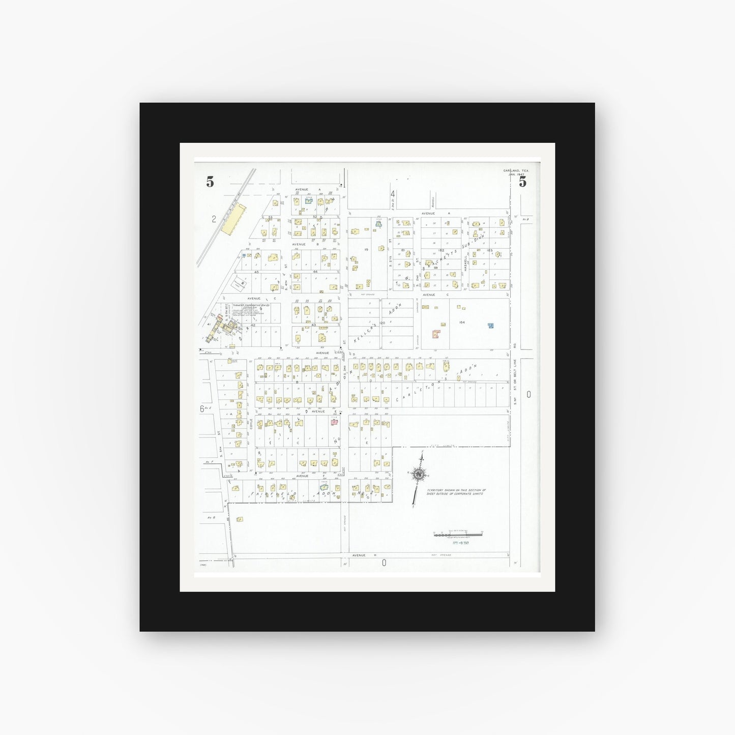Old map wall art mockup — black gallery frame with white mat — Sanborn Fire Insurance Map from Garland, Dallas County, Texas (1947), Sheet #0005