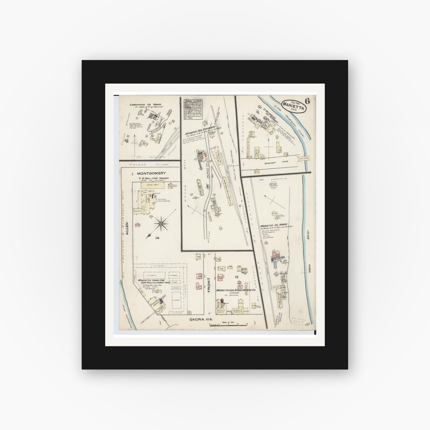 Old map wall art mockup — black gallery frame with white mat — Sanborn Fire Insurance Map from Marietta, Washington County, Ohio (1884), Sheet #0006