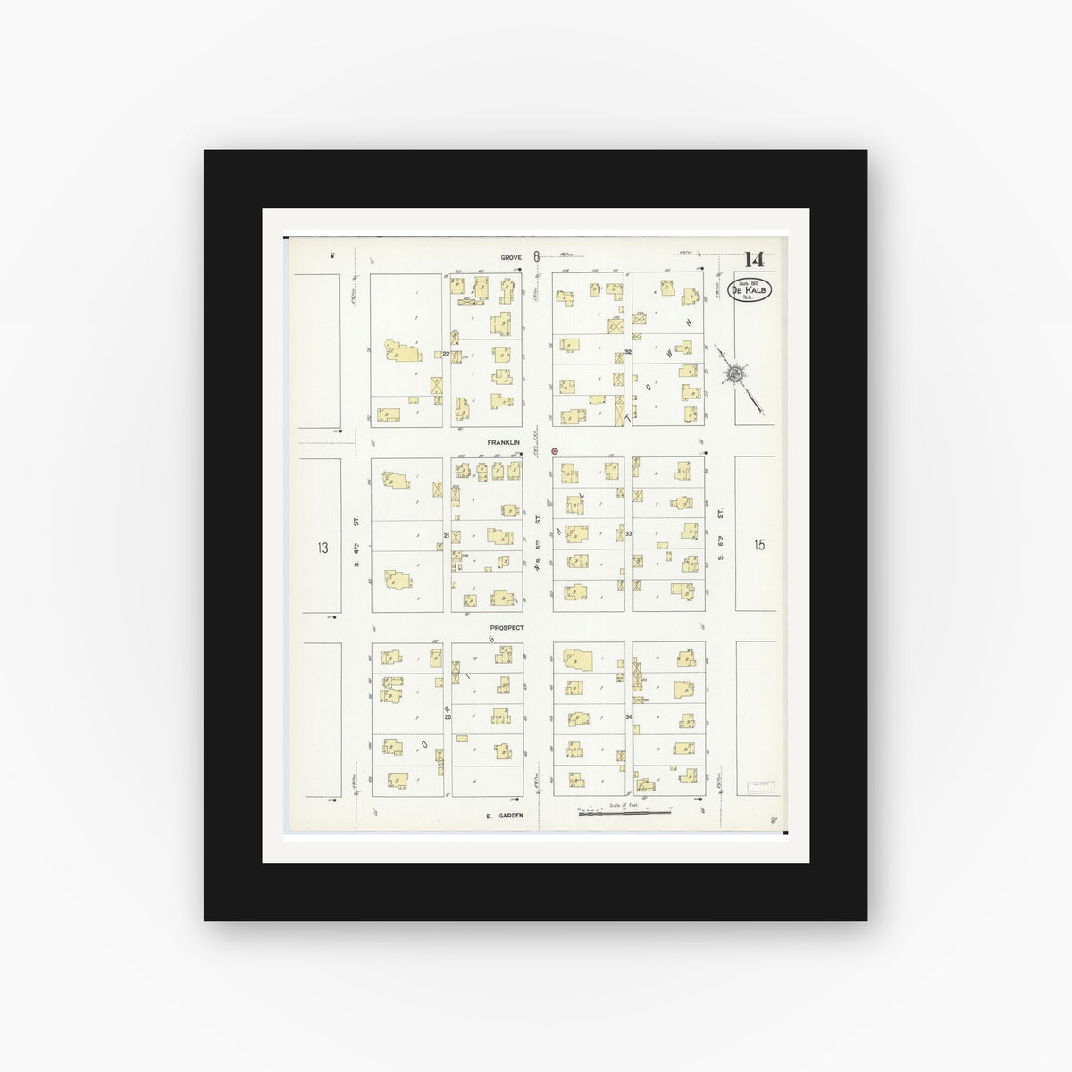 Old map wall art mockup — black gallery frame with white mat — Sanborn Fire Insurance Map from De Kalb, De Kalb County, Illinois (1912), Sheet #0014