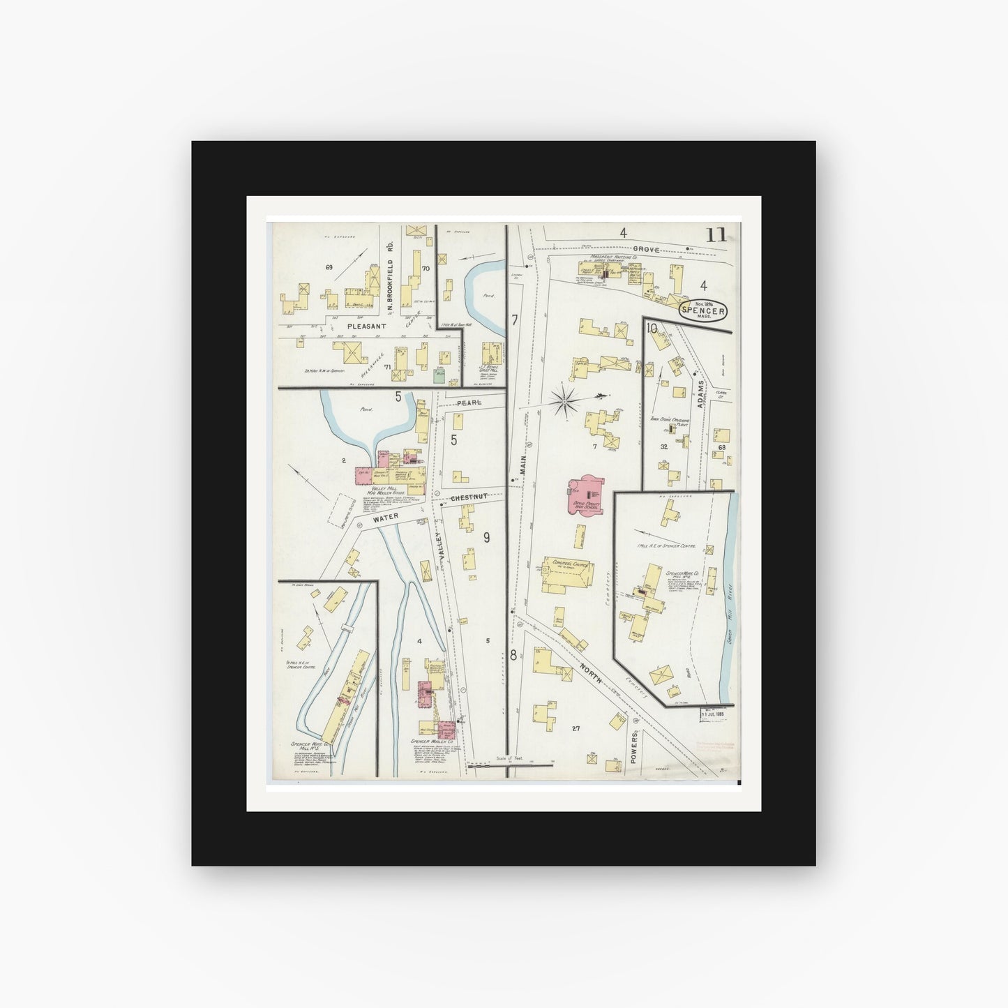 Old map wall art mockup — black gallery frame with white mat — Sanborn Fire Insurance Map from Spencer, Worcester County, Massachusetts (1896), Sheet #0011