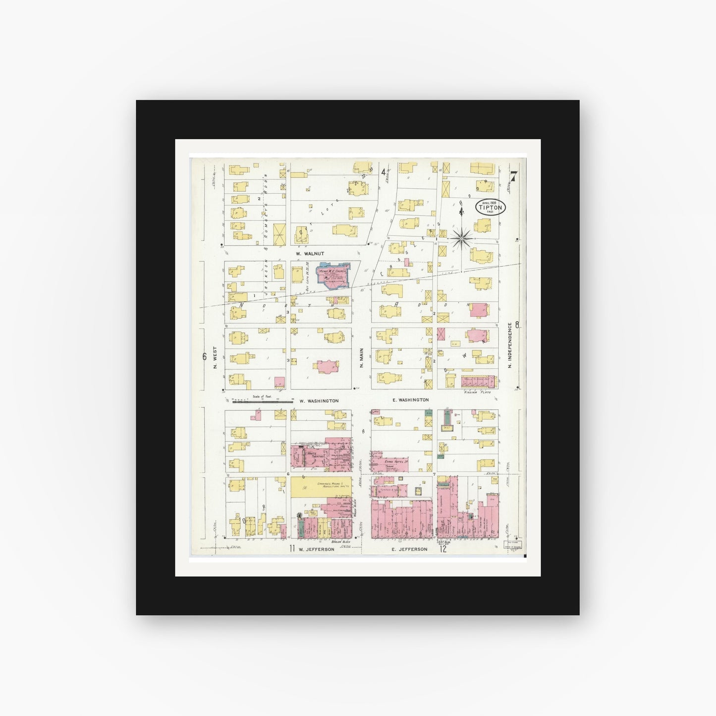 Old map wall art mockup — black gallery frame with white mat — Sanborn Fire Insurance Map from Tipton, Tipton County, Indiana (1909), Sheet #0007
