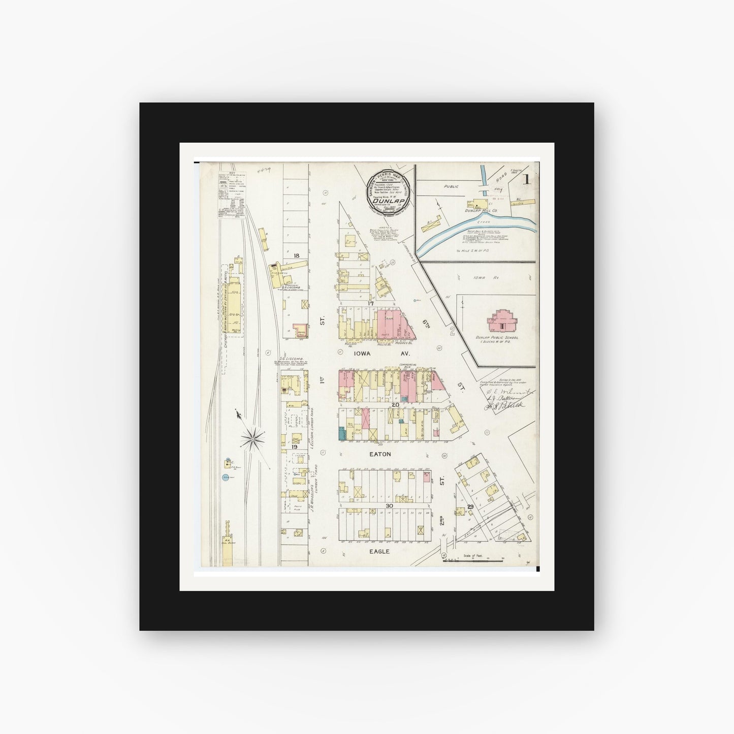 Old map wall art mockup — black gallery frame with white mat — Sanborn Fire Insurance Map from Dunlap, Harrison County, Iowa (1893) — Complete Set