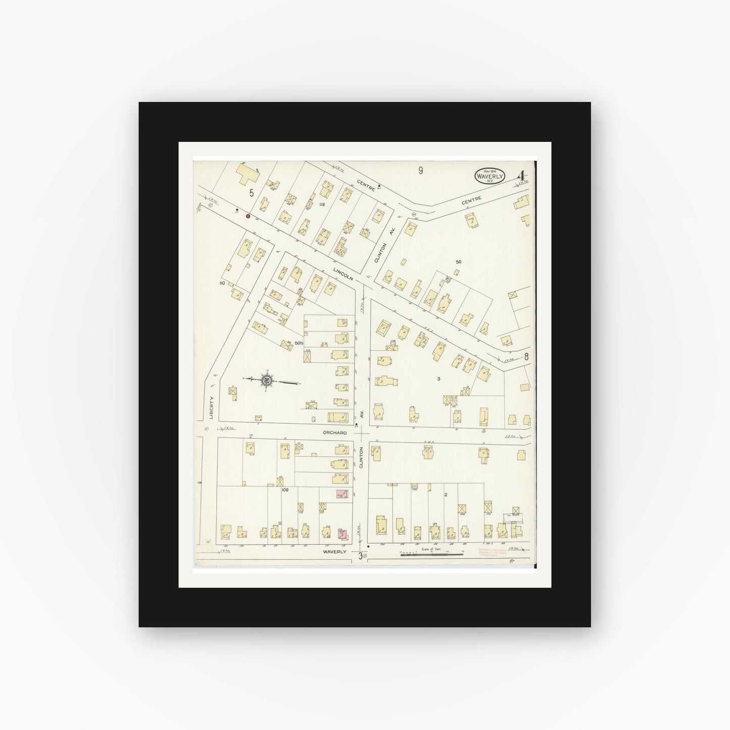 Old map wall art mockup — black gallery frame with white mat — Sanborn Fire Insurance Map from Waverly, Tioga County, New York (1914), Sheet #0004