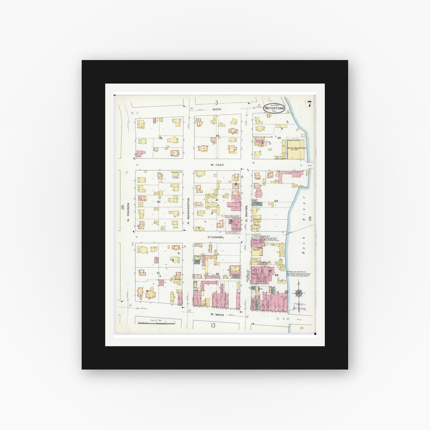 Old map wall art mockup — black gallery frame with white mat — Sanborn Fire Insurance Map from Watertown, Jefferson County, Wisconsin (1909), Sheet #0007