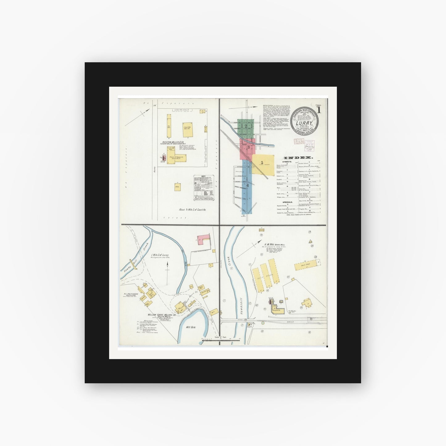 Old map wall art mockup — black gallery frame with white mat — Sanborn Fire Insurance Map from Luray, Page County, Virginia (1902) - Complete Map Set