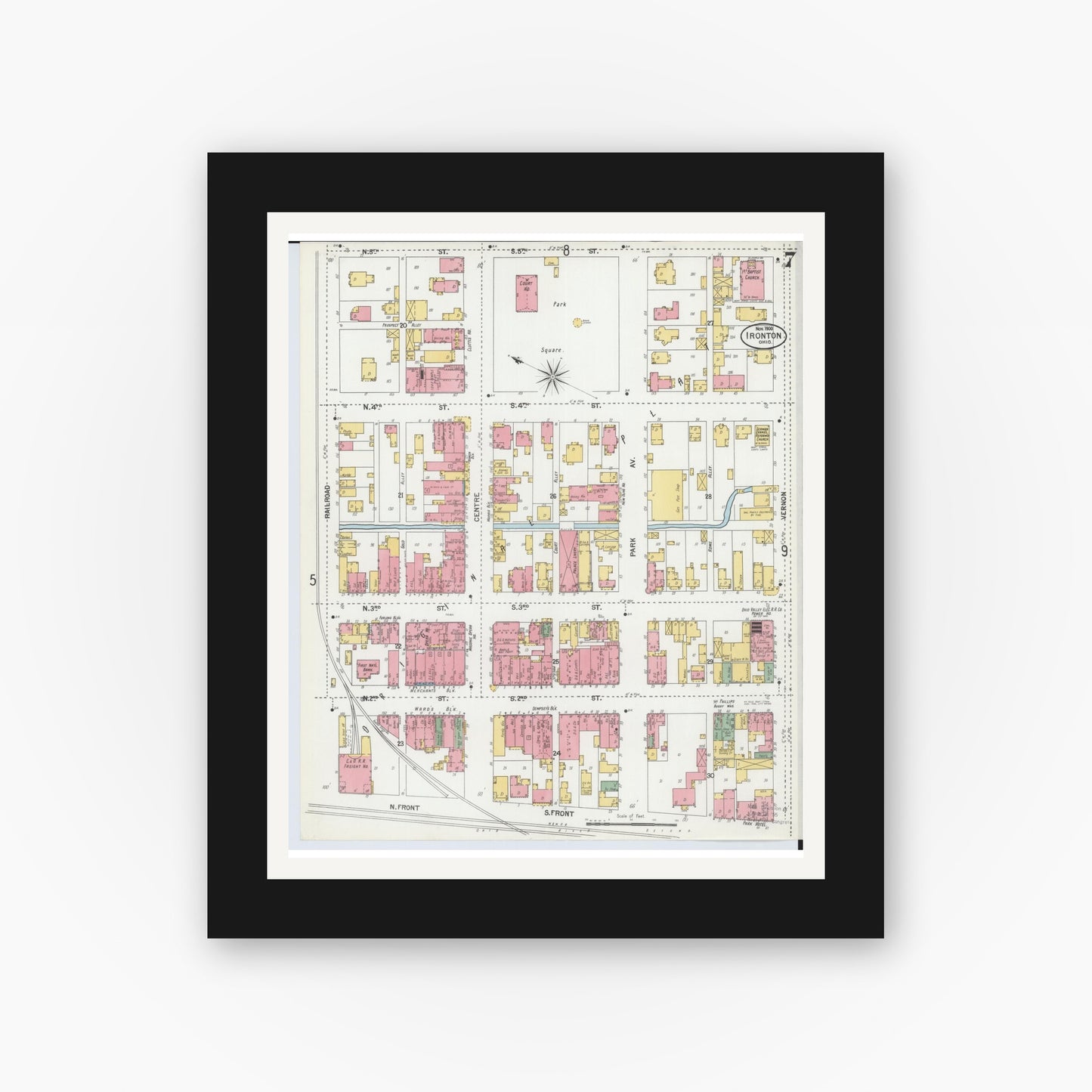 Old map wall art mockup — black gallery frame with white mat — Sanborn Fire Insurance Map from Ironton, Lawrence County, Ohio (1900), Sheet #0007