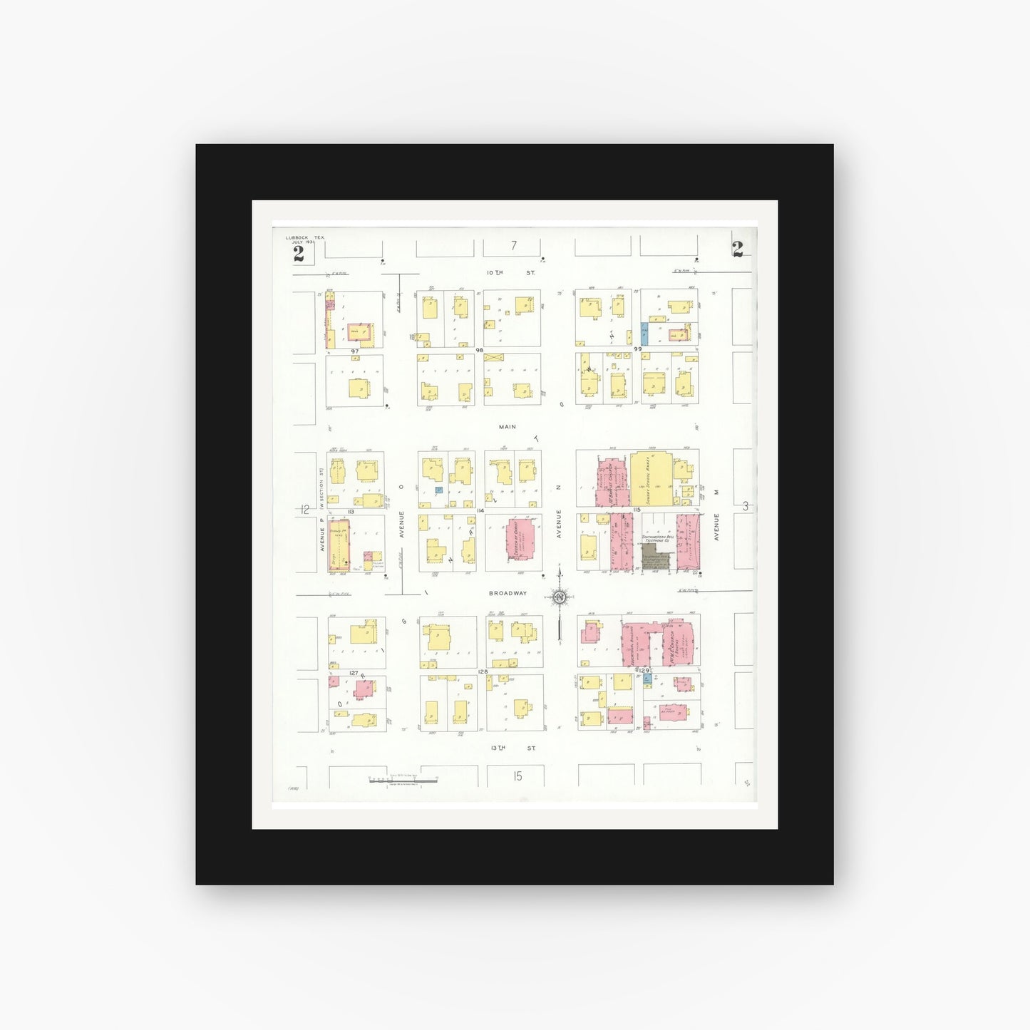 Old map wall art mockup — black gallery frame with white mat — Sanborn Fire Insurance Map from Lubbock, Lubbock County, Texas (1931), Sheet #0002