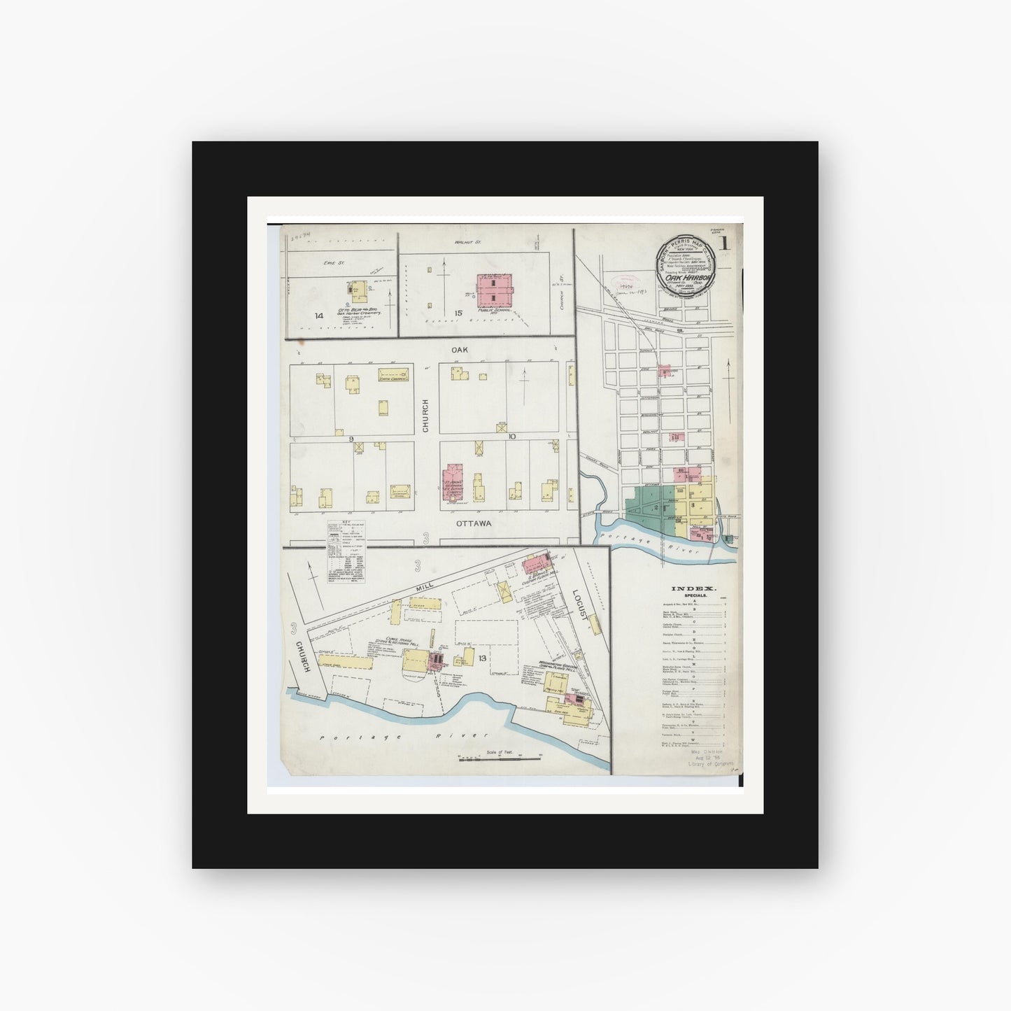 Old map wall art mockup — black gallery frame with white mat — Sanborn Fire Insurance Map from Oak Harbor, Ottawa County, Ohio (1893), Sheet #0001