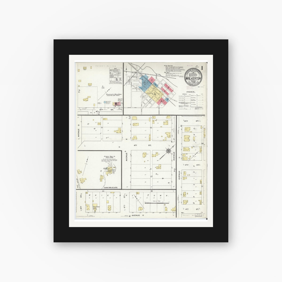 Old map wall art mockup — black gallery frame with white mat — Sanborn Fire Insurance Map from Walkerton, Saint Joseph County, Indiana (1909) - Complete Map Set
