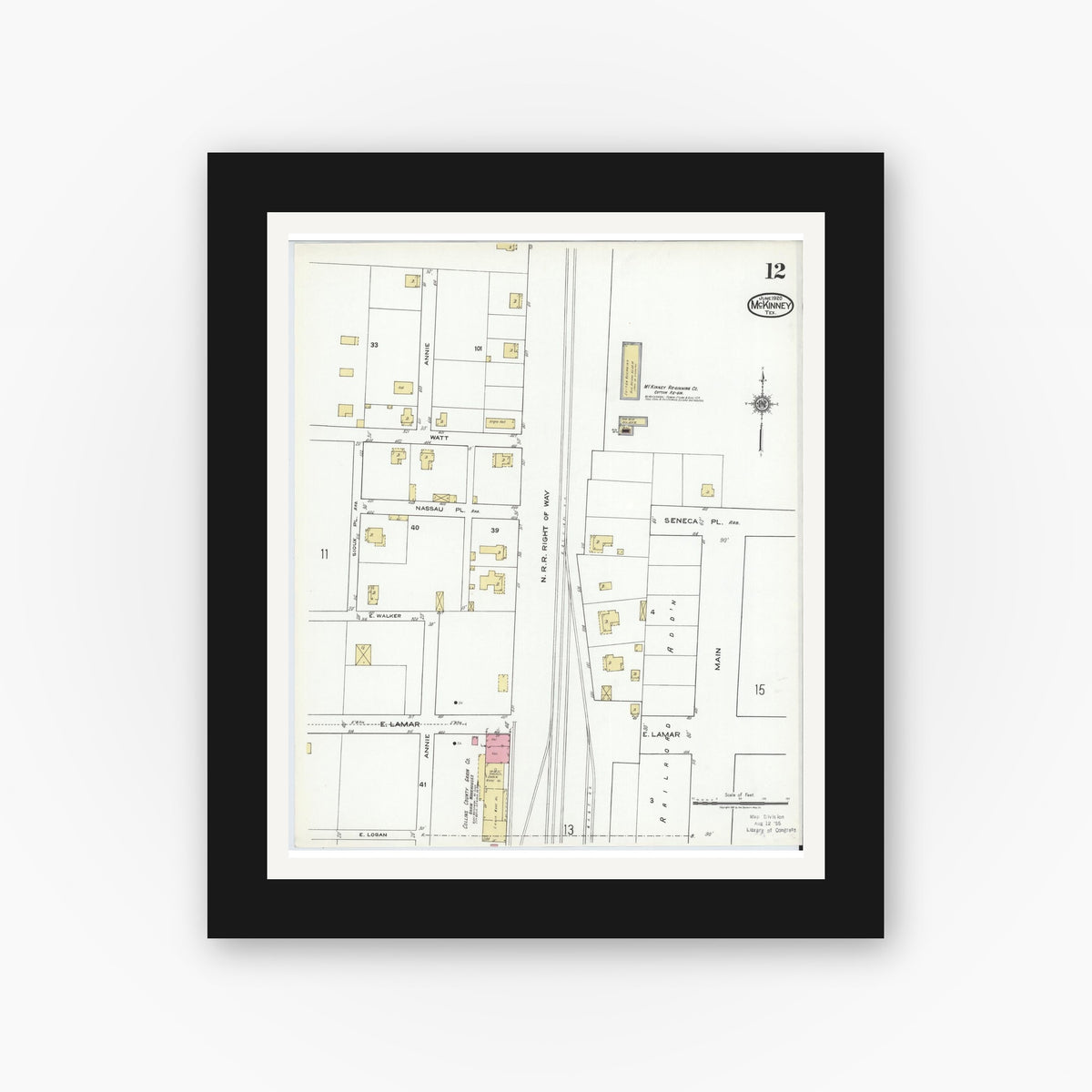 Old map wall art mockup — black gallery frame with white mat — Sanborn Fire Insurance Map from McKinney, Collin County, Texas (1920), Sheet #0012